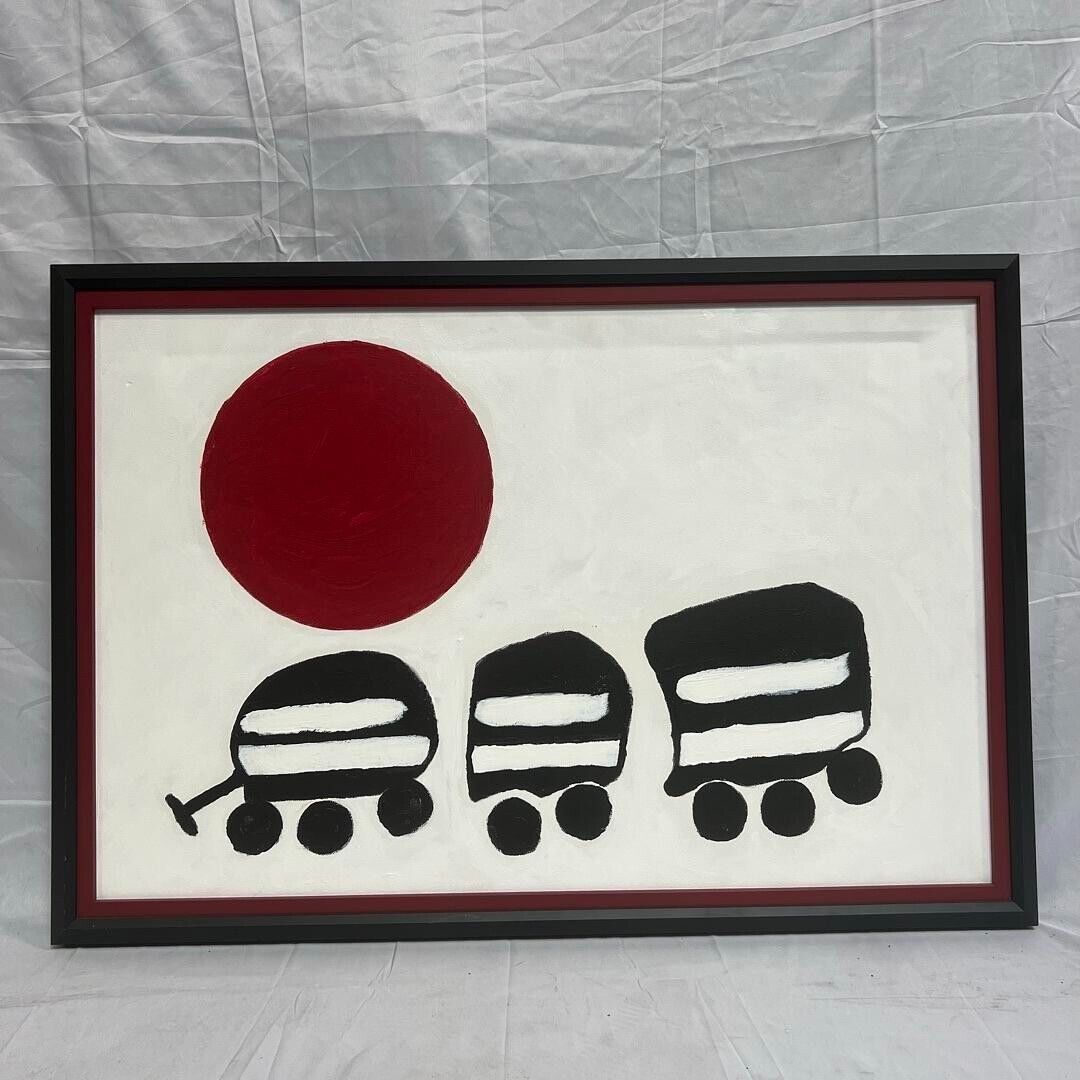 Original Painting Unknown Artist 37x25 Red Sun Train Cars Custom Wood Frame