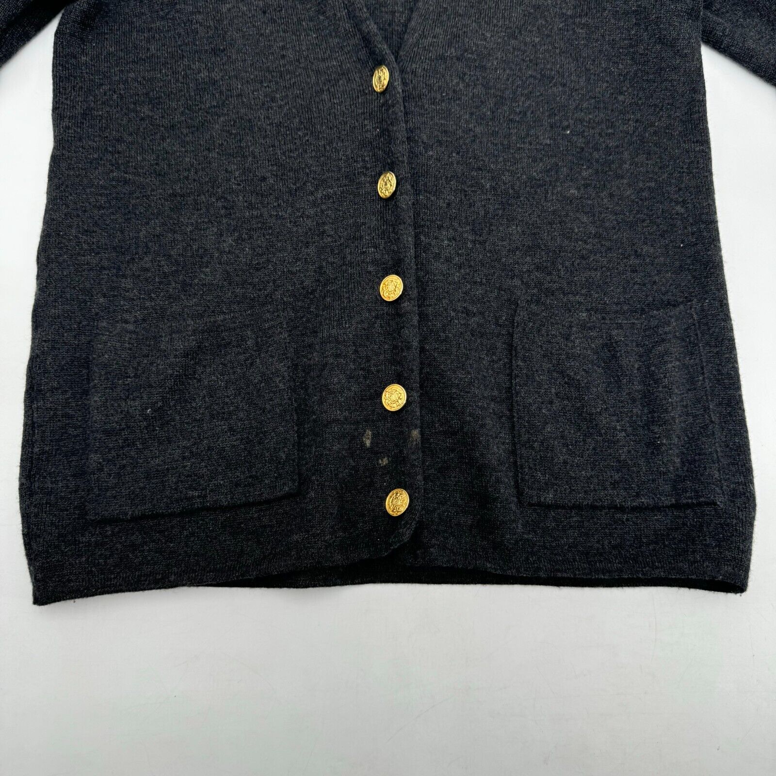 Nordstrom Point of View Pure Gray Wool Cardigan Sweater Gold Button Women Size S