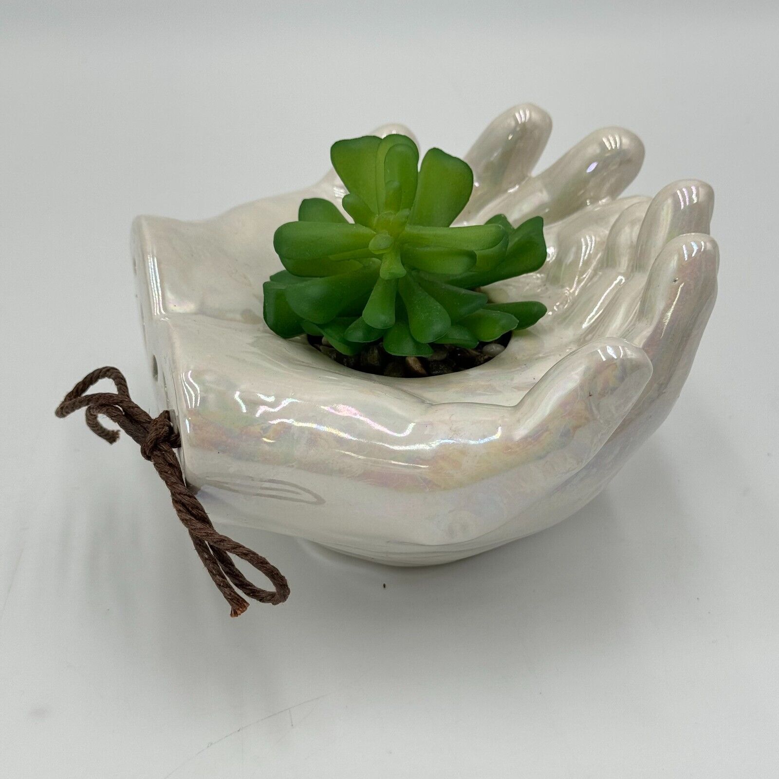 Ceramic Cupped Hands Holding Succulent in Rocks Artificial Fake Plant While Pot