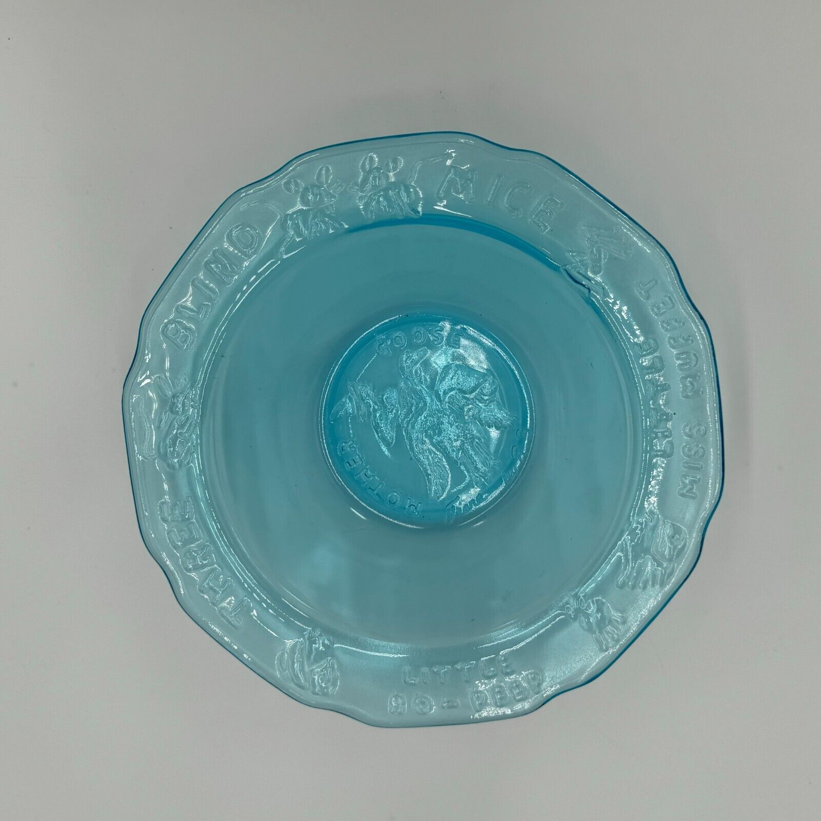 Tiara by RS - BLUE Glass NURSERY RHYME BOWL - Mother Goose 3 Blind Mice Vintage