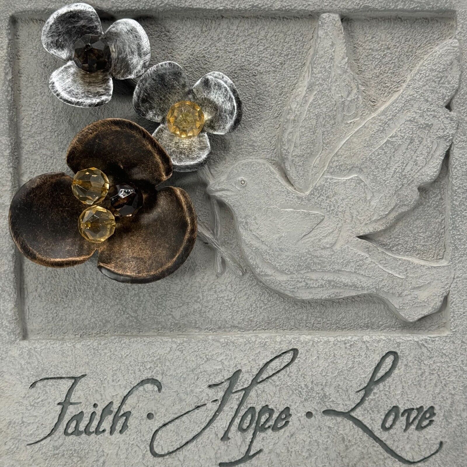 Christian 10x10 Stone Plaque Easel Stand & Wall Hook Faith Hope Love Dove Decor