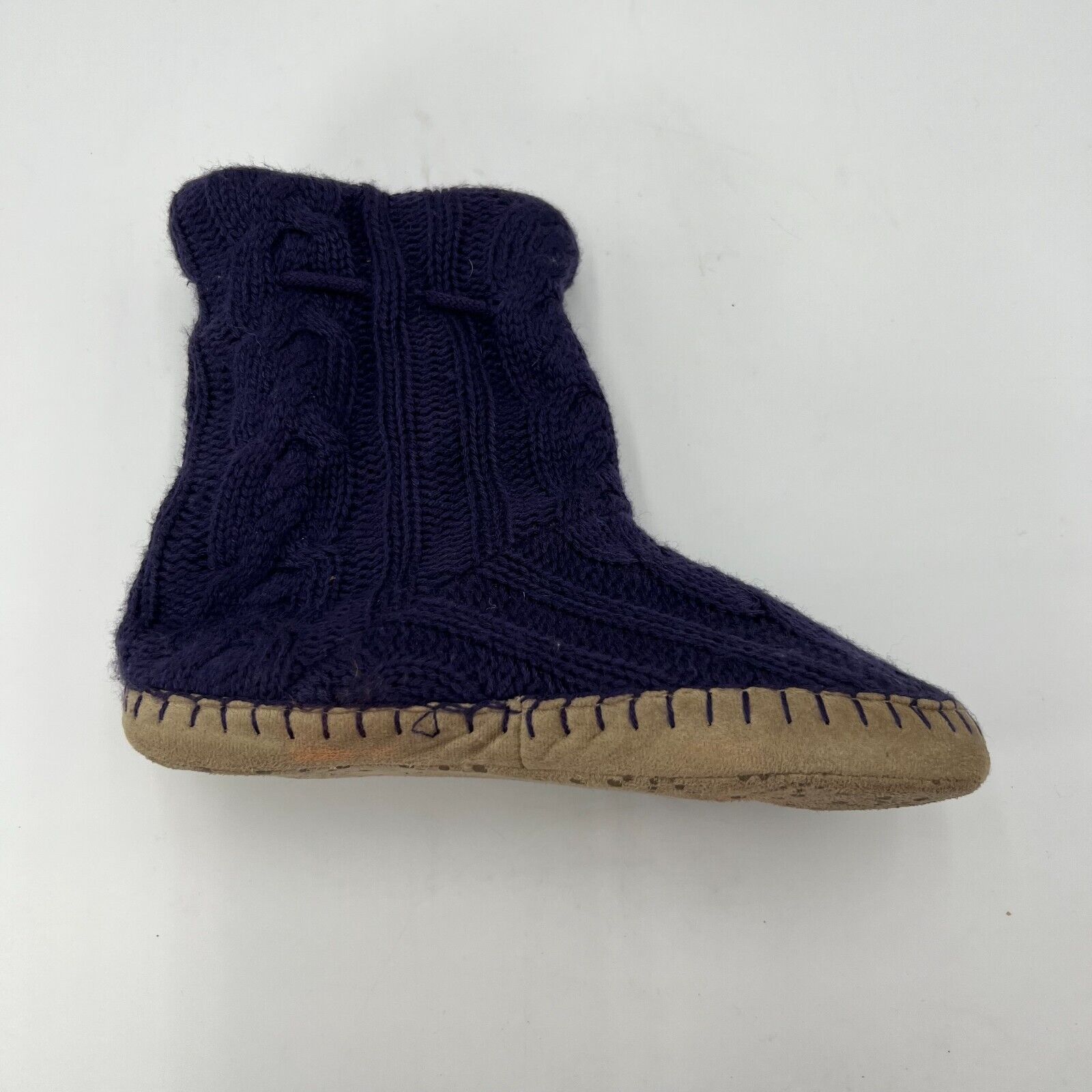 American Eagle Knit Slipper Boots Draw String Purple Puff Ball Womens Size 9-10