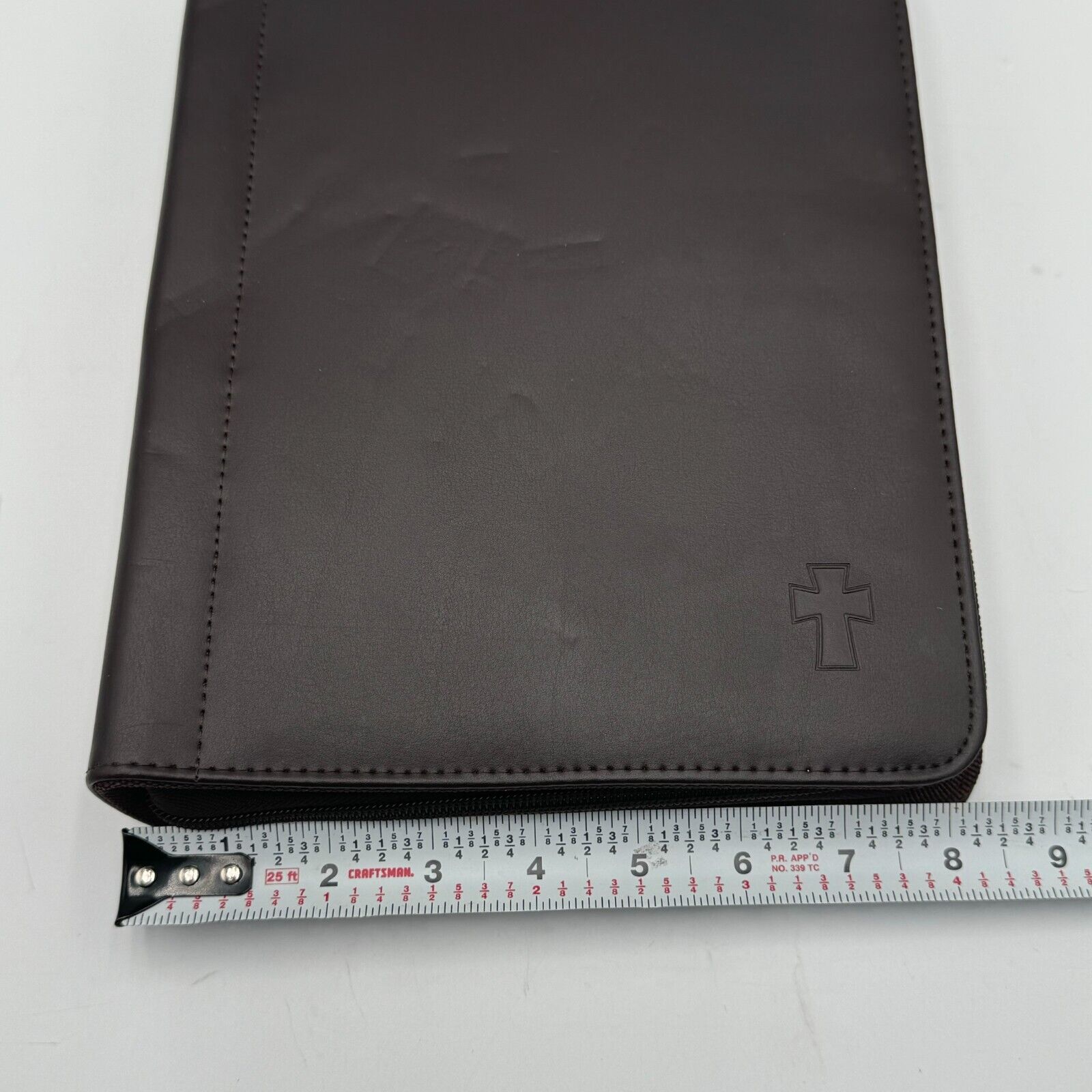 Brown Leather Planner Calculator Wallet Storage Cross 11.5x8.5in -Zipper Damaged