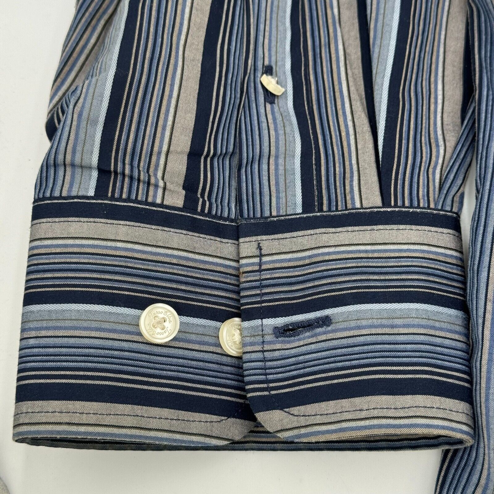 Tasso Elba Spa Luxury Linen Long Sleeve Button Up Shirt Blue Tan Stripes Mens XL