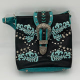 Western Style Purse Handbag Shoulder Strap Buckle Zipper Pockets Turquoise