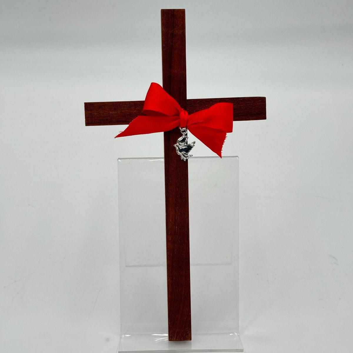 Wood Cross Decorative Christian Wall Art Red Ribbon Silver Dove Peace Jesus 11"