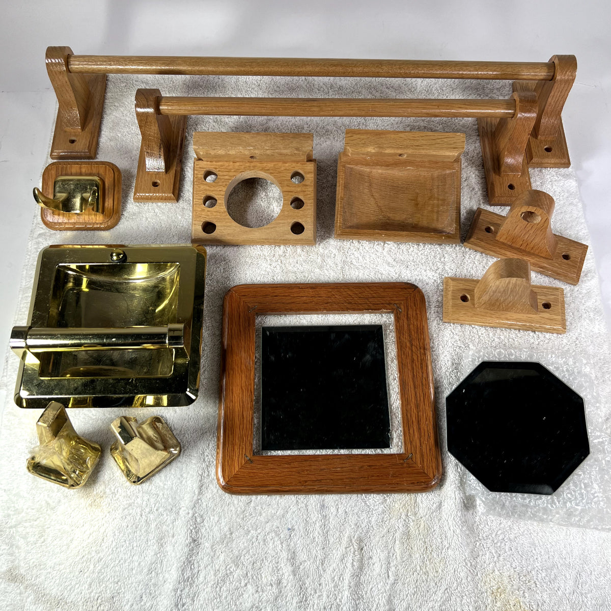 Assortment Of Beautiful Brown and Sturdy Wood and Brass Bathroom Hardware