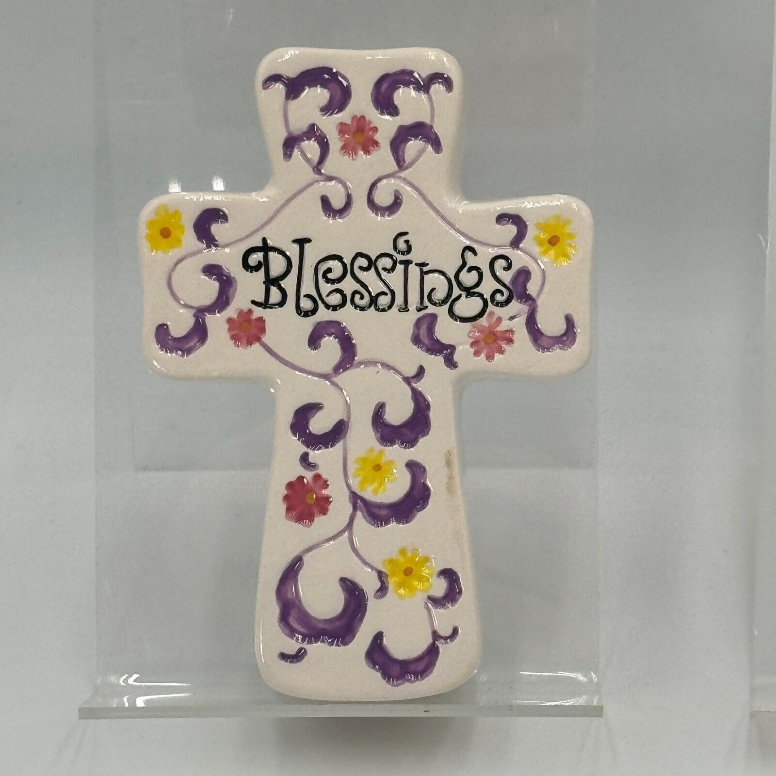 Set of 3 Ceramic Cross Wall Art Colorful Floral Blessings Love Pray Hanging 5in