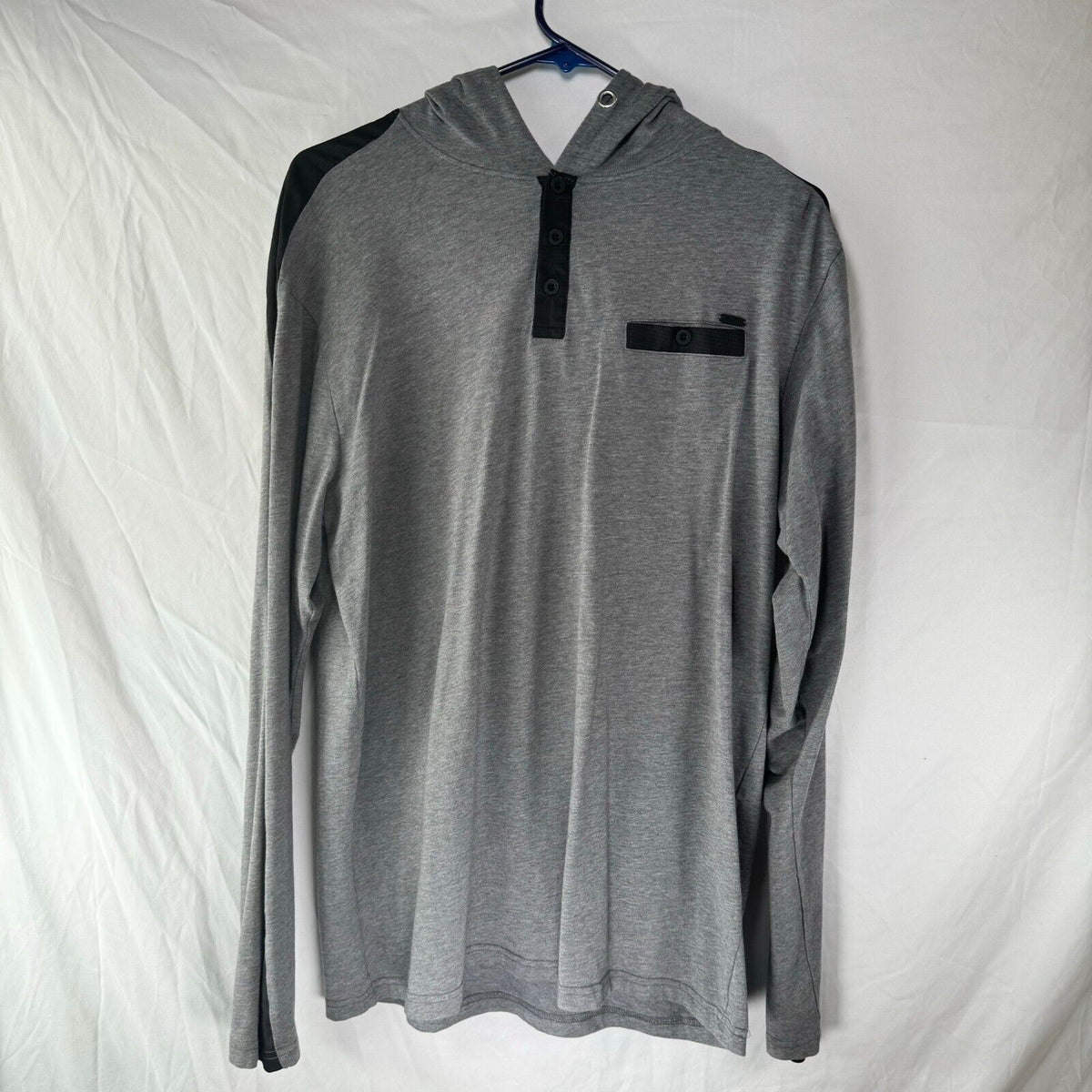 SOBK Mens Cotton Hooded Pullover Long Sleeve Gray Black Shirt Active Gym Size XL