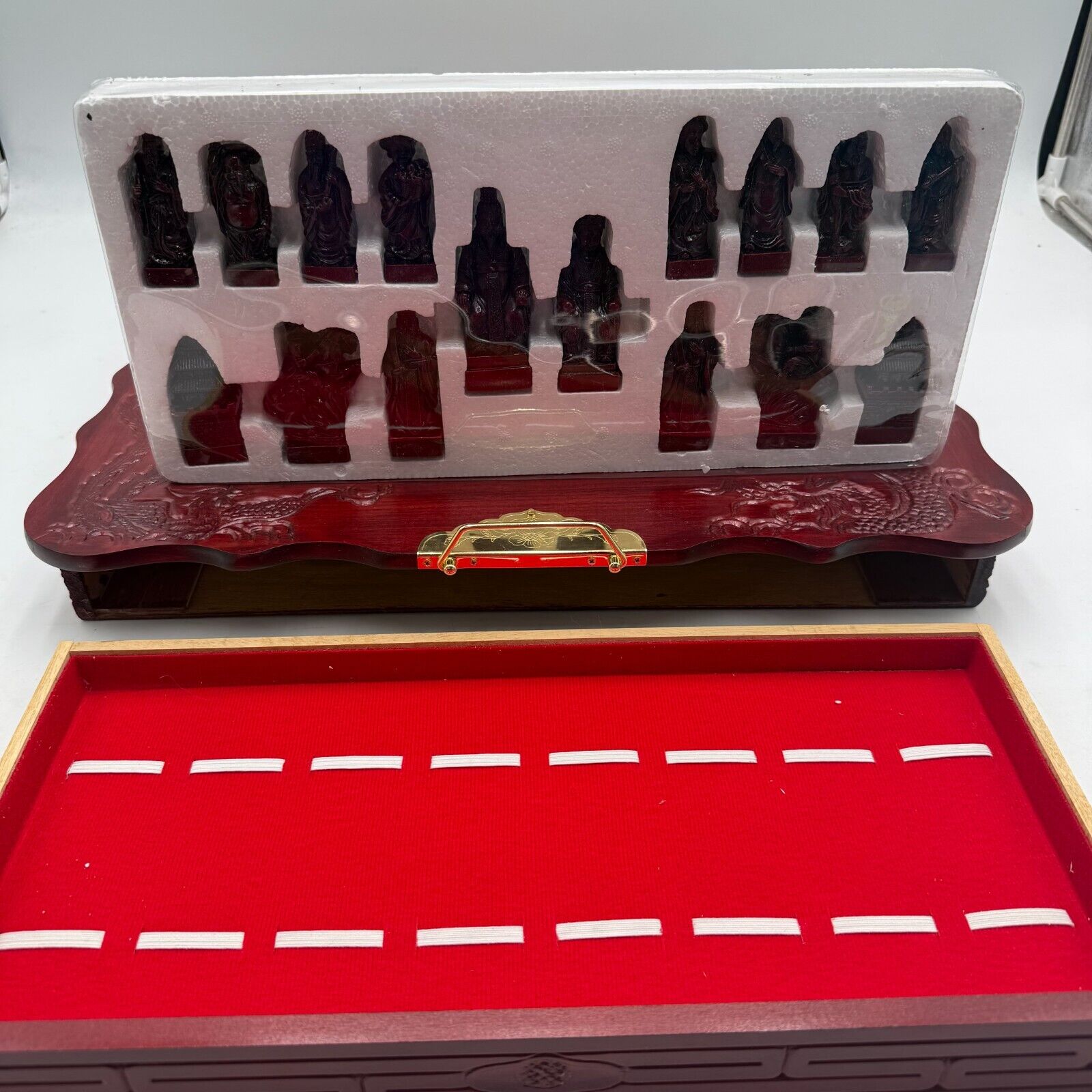 Asian Emperor’s Court Chess Set Fold Board Drawers Carved Jade & Mahogany Pieces