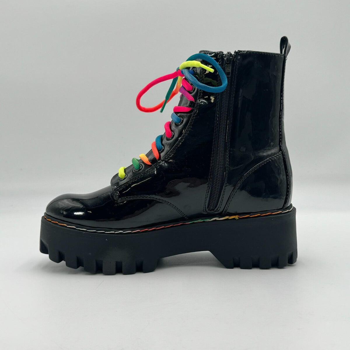 Bamboo Platform Combat Boots Glossy Black Leather Rainbow Women's Size 10 US