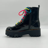 Bamboo Platform Combat Boots Glossy Black Leather Rainbow Women's Size 10 US
