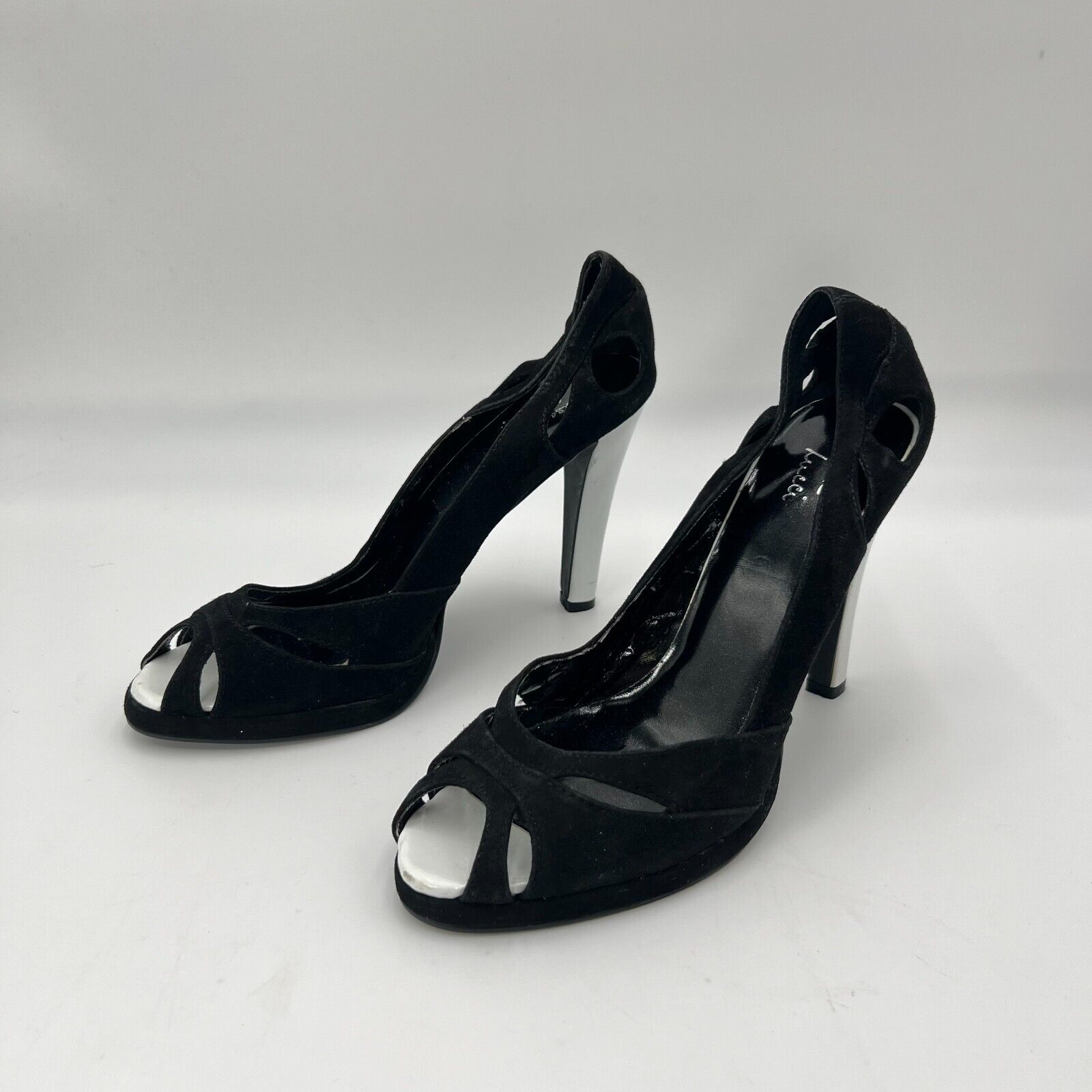 Susan Lucci Designer Pumps 4.5 inch Heel Black Leather Open Toe Womens Size 10M