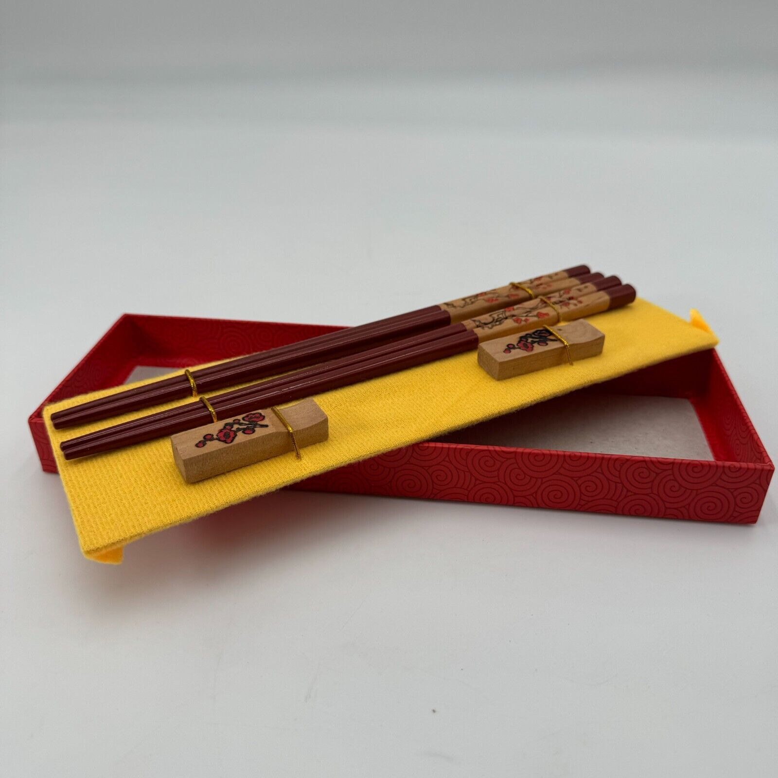 Authentic Chinese Chopsticks & Rests From China Red Floral Decorative Design NIB