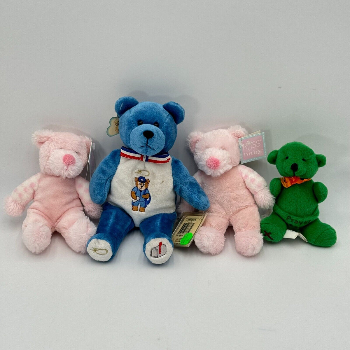 Lot of 4 Teddy Bear Beanie Baby Blue Postal Worker Green Prayer Bear Pink NWT