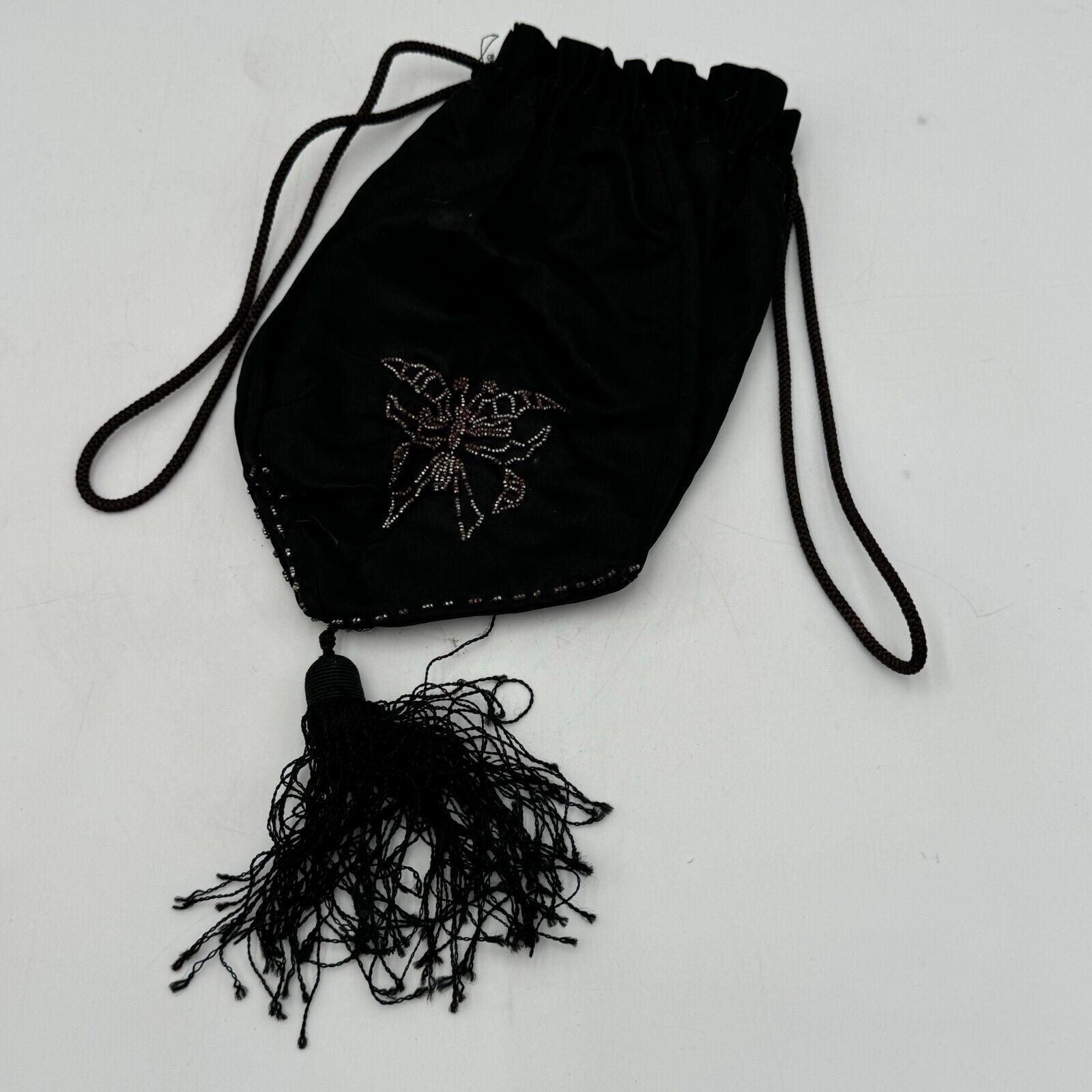 Lot of 2 Drawstring 9in Bags Purse Makeup Jewelry Black Beads Tassel Butterfly