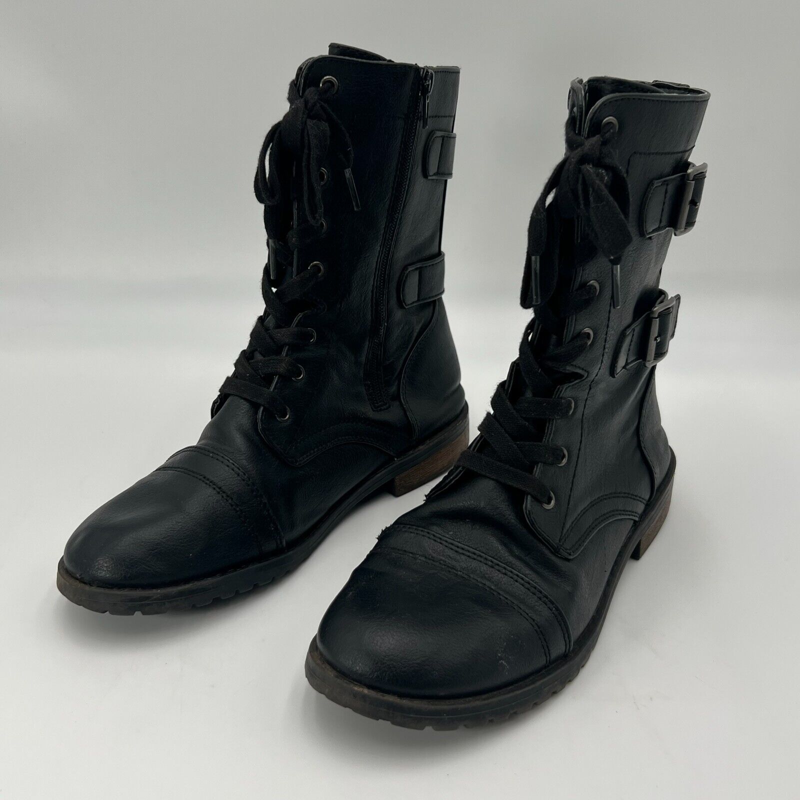 Self Esteem Metro Games Black Combat Boots Lace Up Zipper Buckles Women's Size 8