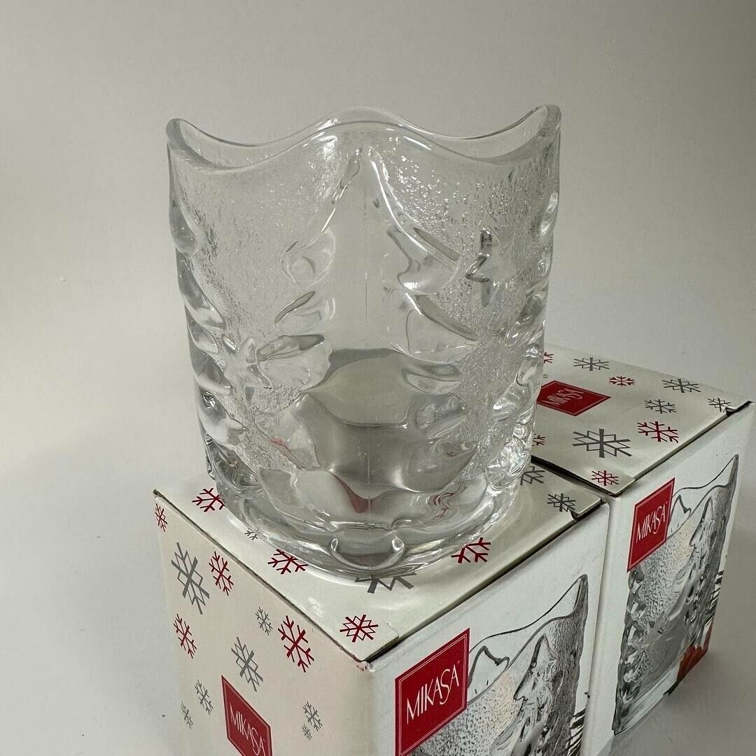 Mikasa Christmas Tree Yule Time Glass Votive Candle Holder 3.5" NIB Japan - Set