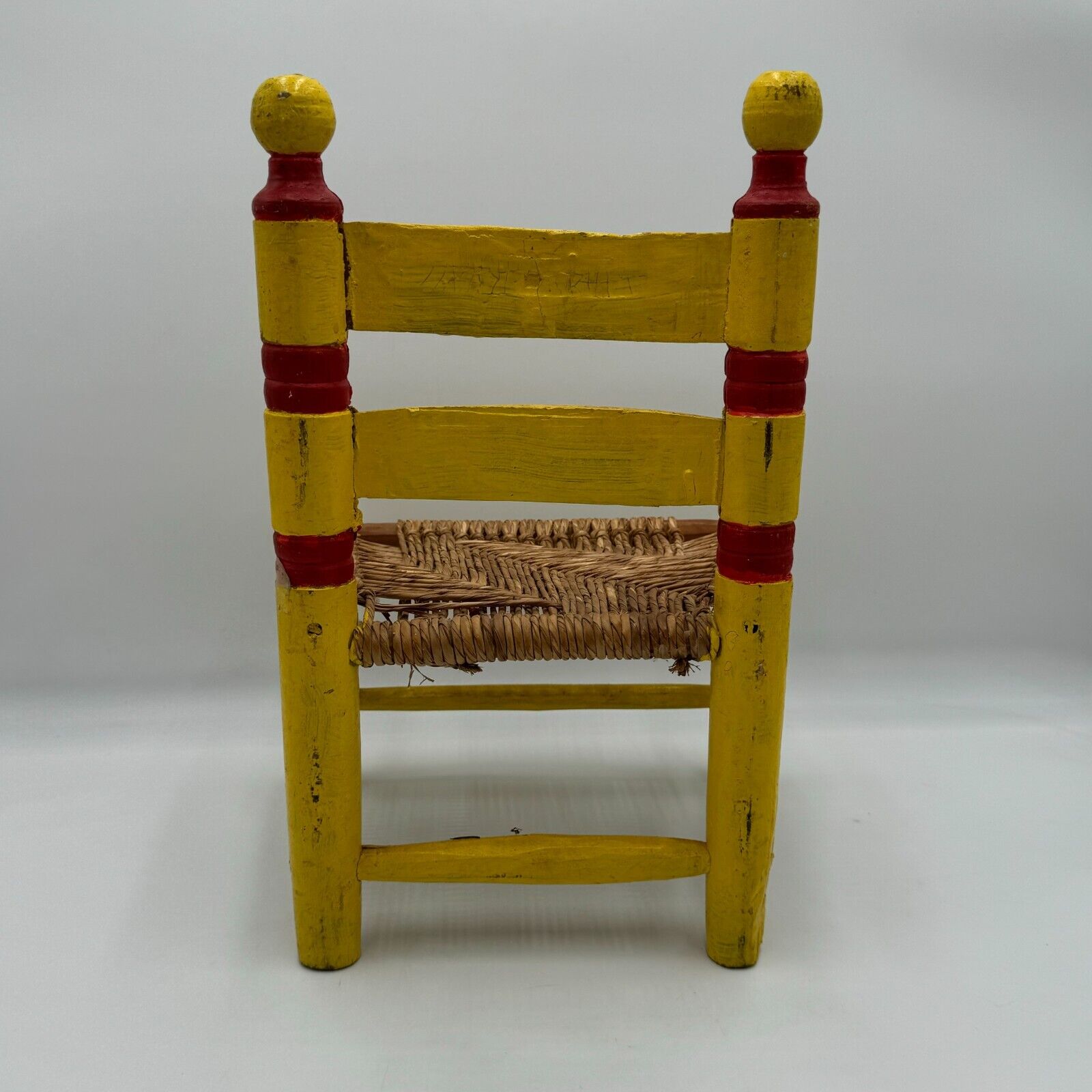 Vintage Hand Painted Child's Chair Mexican Folk Art Wicker Woven Rush Seat Stool