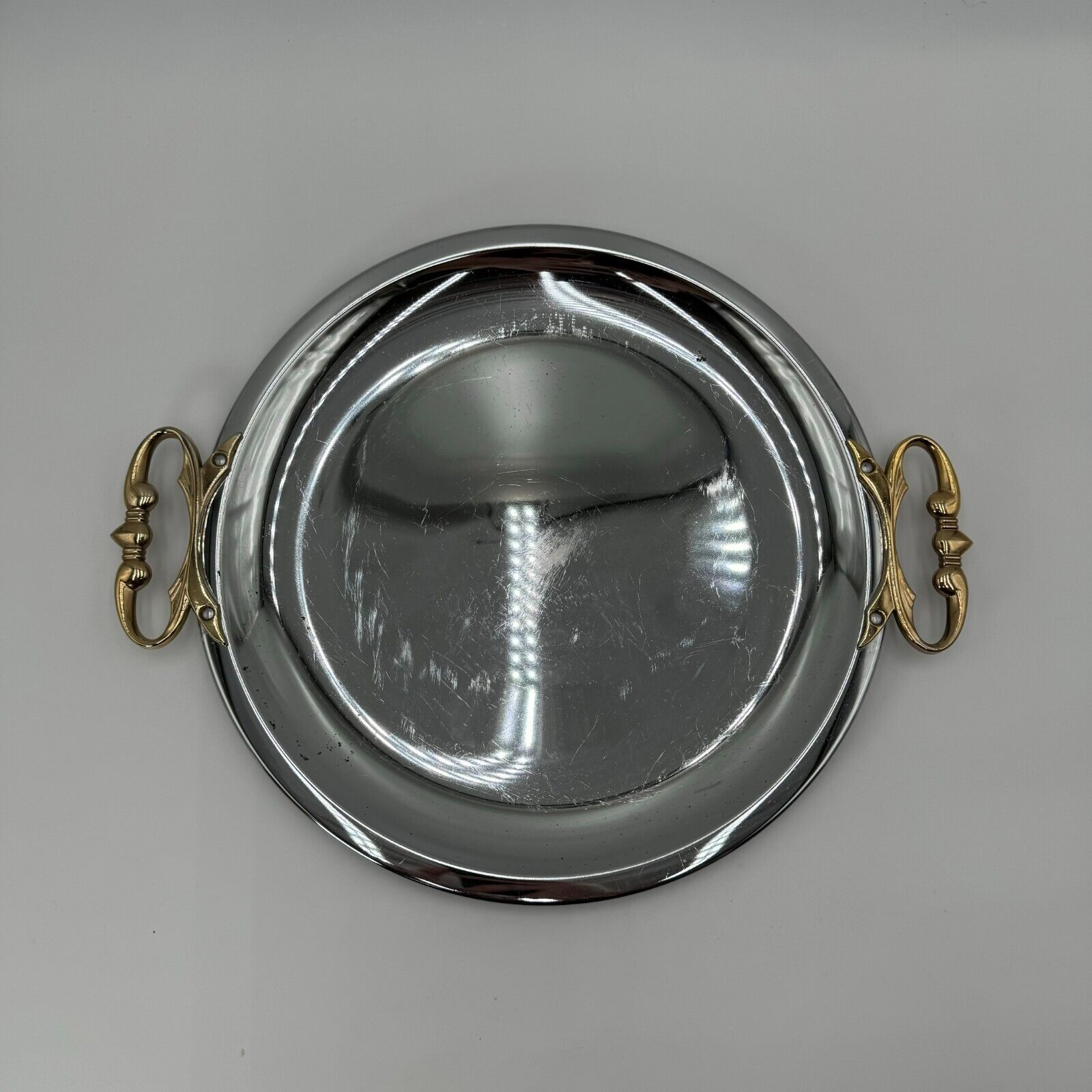 VINTAGE KROMEX CHROME METAL SERVING TRAY PLATTER ROUND WITH BRASS HANDLES 13.5"