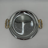 VINTAGE KROMEX CHROME METAL SERVING TRAY PLATTER ROUND WITH BRASS HANDLES 13.5"