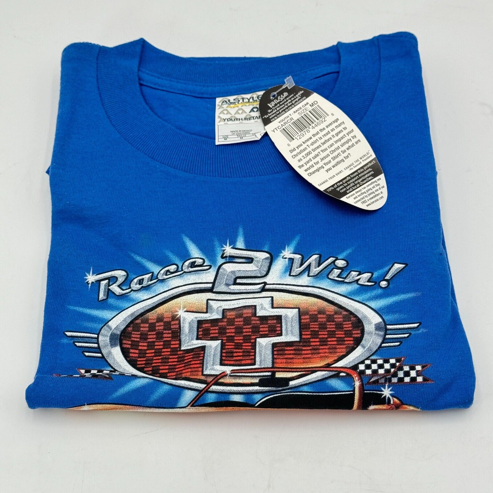 Kerusso Blue Orange Race Car 1 Corinthians Christian T-Shirt Youth Size M NWT