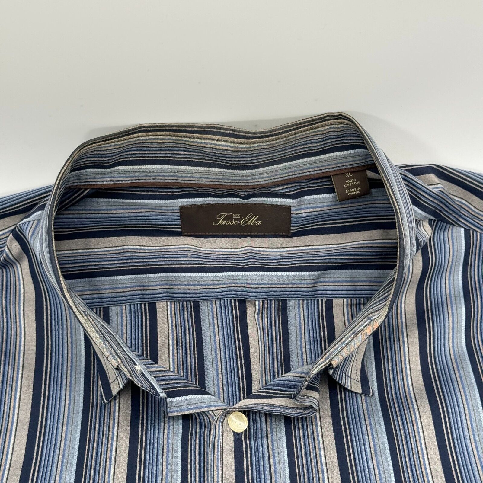 Tasso Elba Spa Luxury Linen Long Sleeve Button Up Shirt Blue Tan Stripes Mens XL