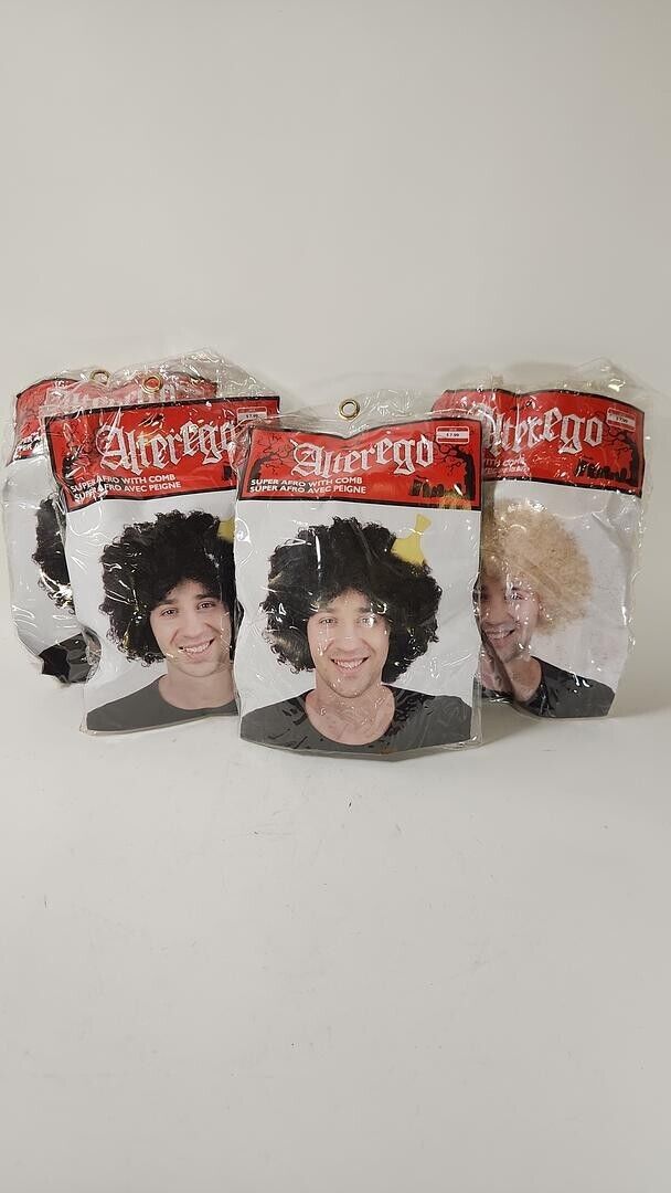 Lot of 4 Alter Ego Super Afro (3 Black, 1 Blonde) with 2 Combs Halloween Costume