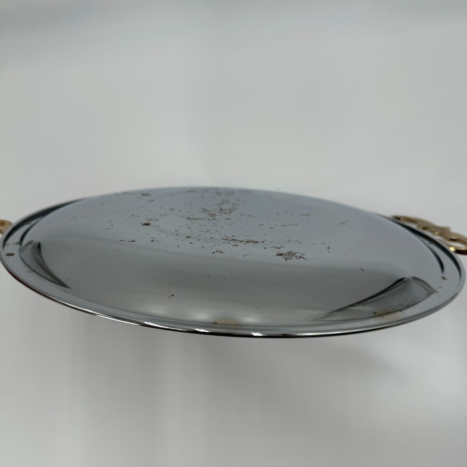 VINTAGE KROMEX CHROME METAL SERVING TRAY PLATTER ROUND WITH BRASS HANDLES 13.5"