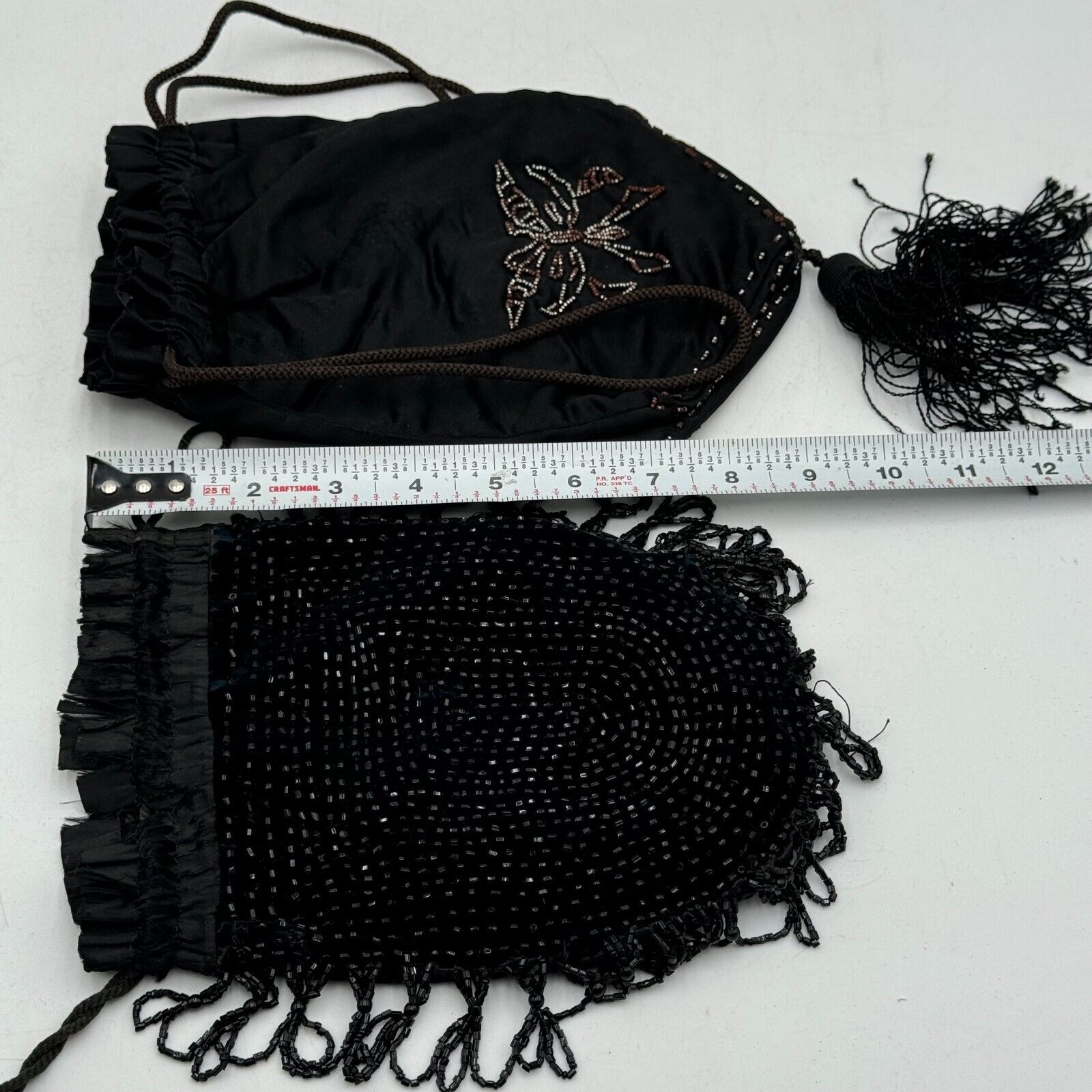 Lot of 2 Drawstring 9in Bags Purse Makeup Jewelry Black Beads Tassel Butterfly