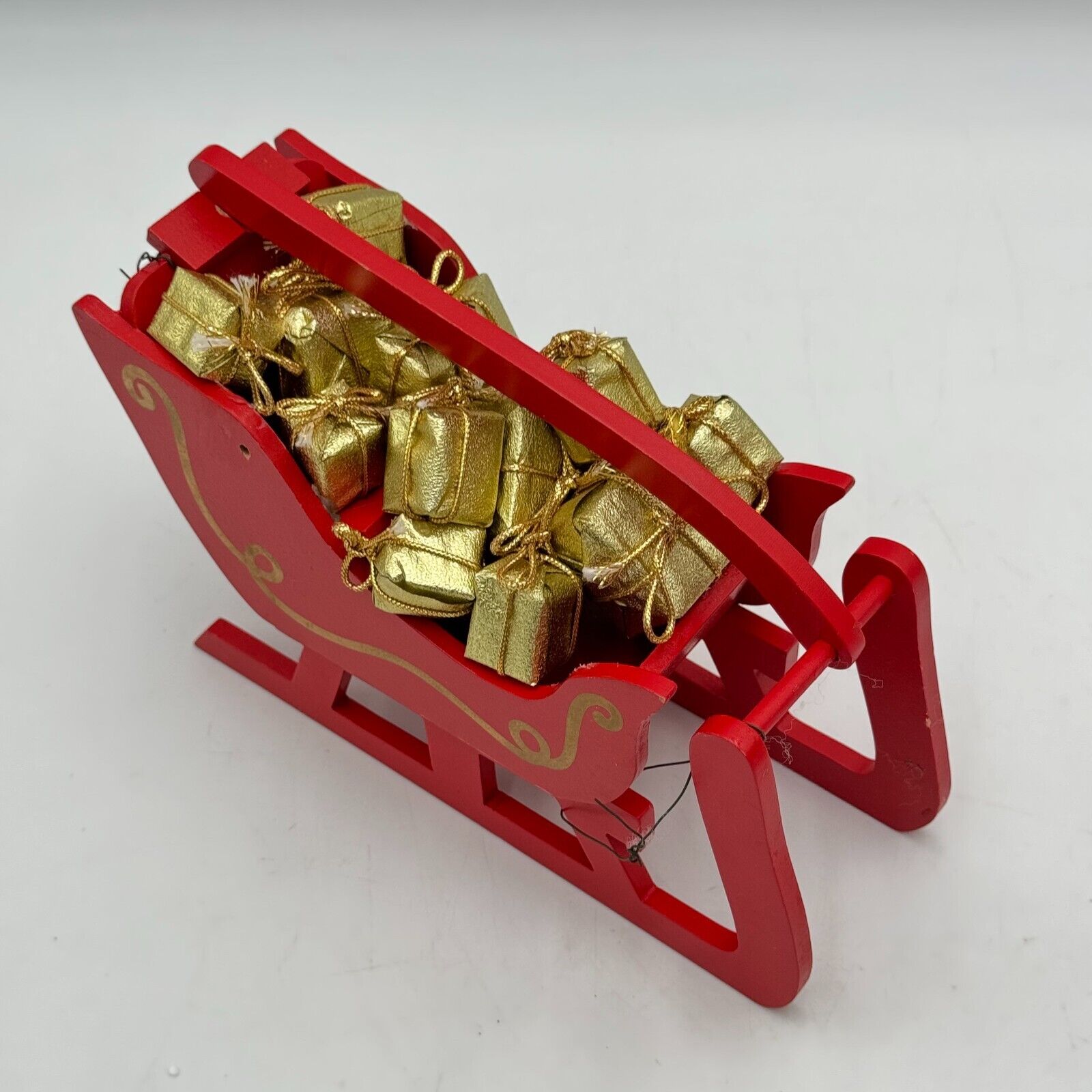 Pair of Matching 8in Wooden Sleighs Red Sleds Red Gold Christmas Presents Decor