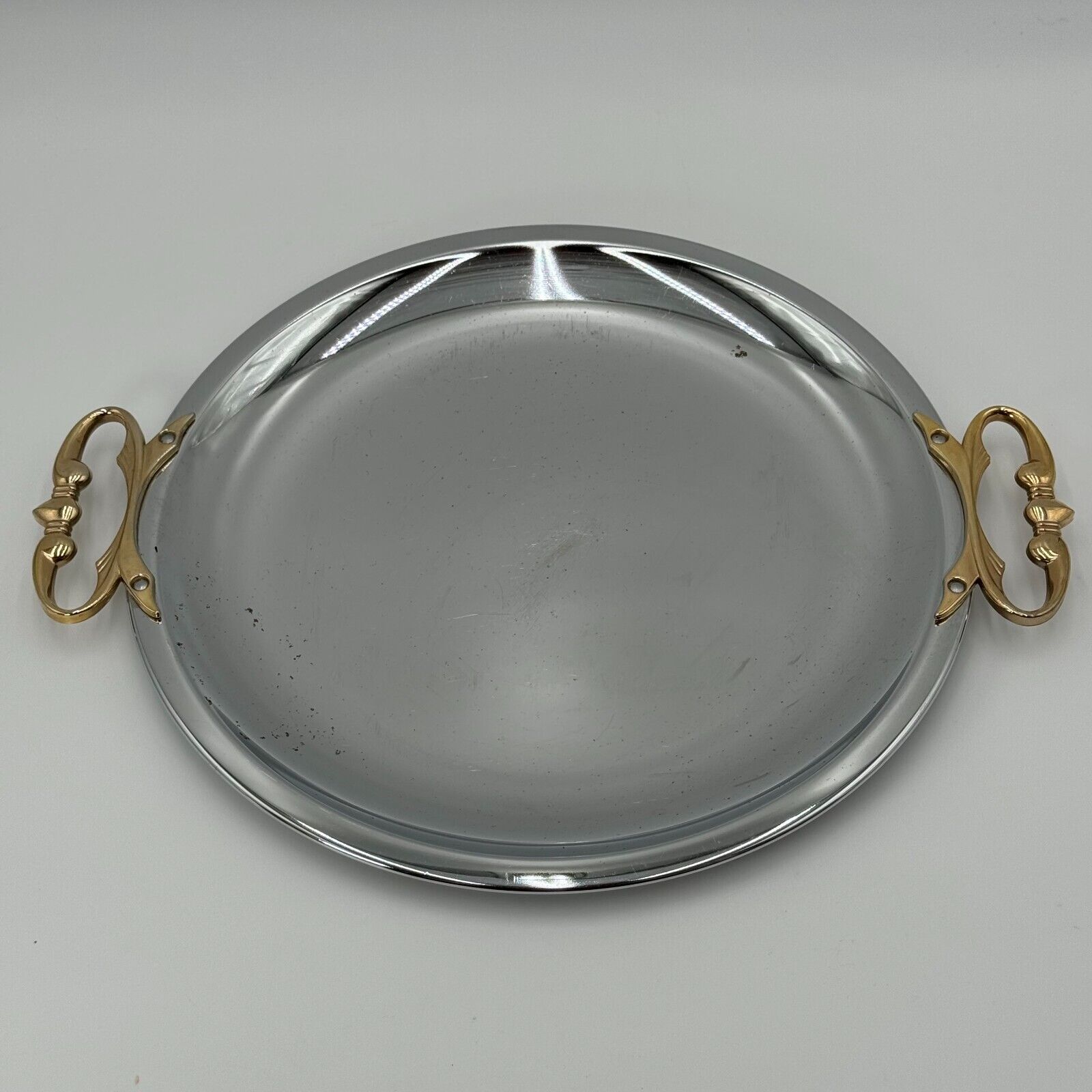 VINTAGE KROMEX CHROME METAL SERVING TRAY PLATTER ROUND WITH BRASS HANDLES 13.5"