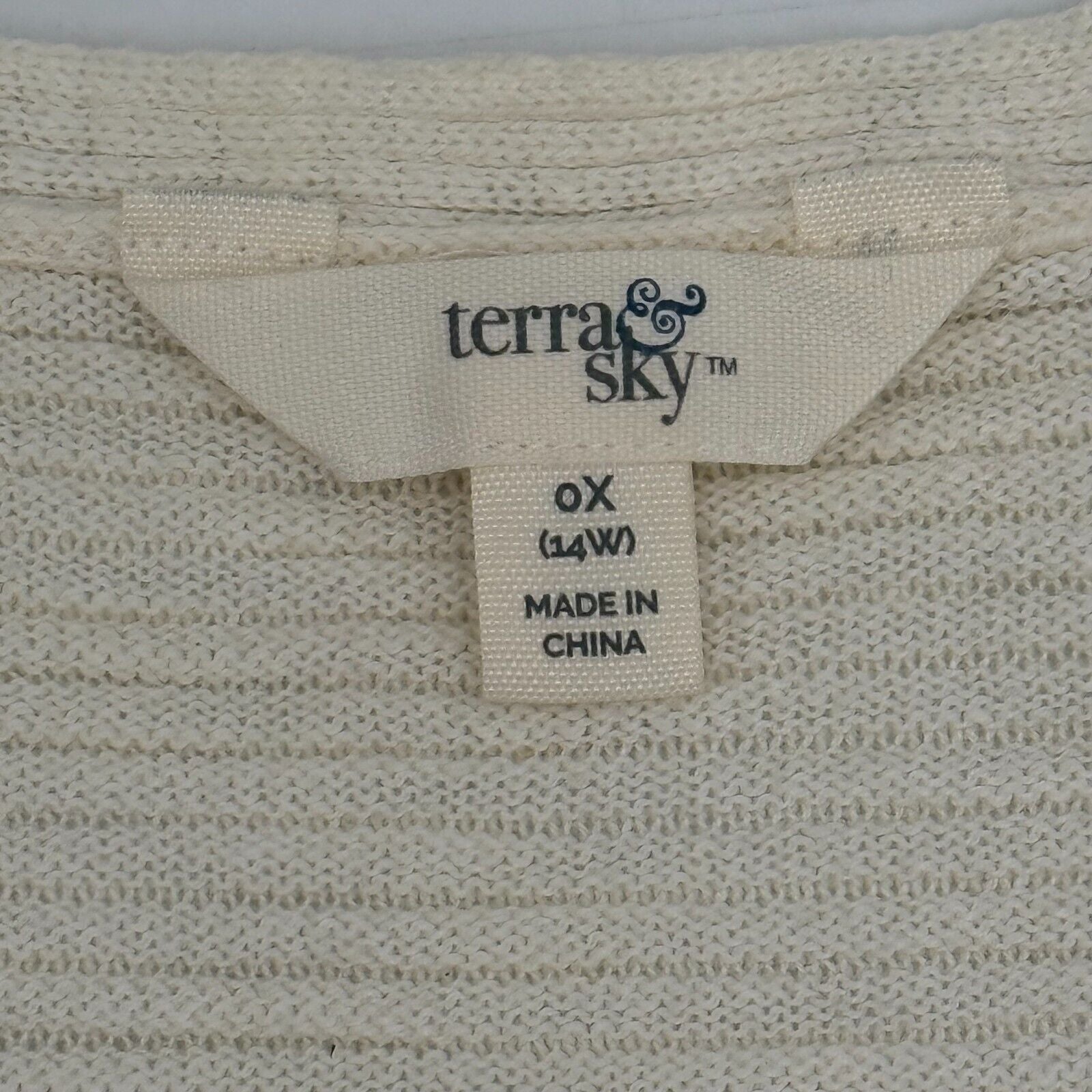 Terra & Sky Knit Cardigan Oprn Sweater Striped Cream Women’s Size oX XL 14W Wide