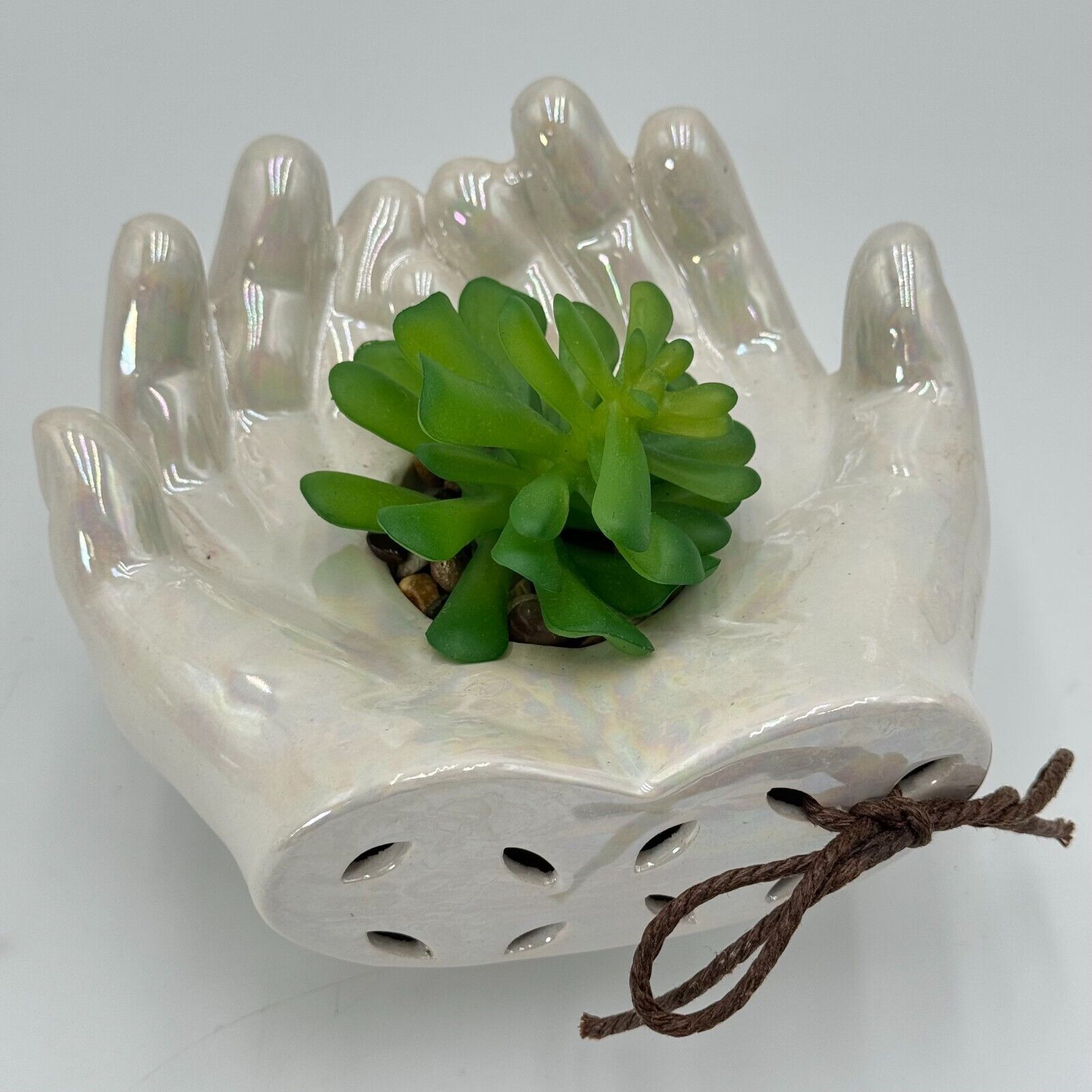 Ceramic Cupped Hands Holding Succulent in Rocks Artificial Fake Plant While Pot