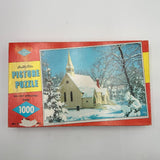 Vintage 1950s Built Rite 1000 pc Picture Puzzle Snowy Winter Scene & Church