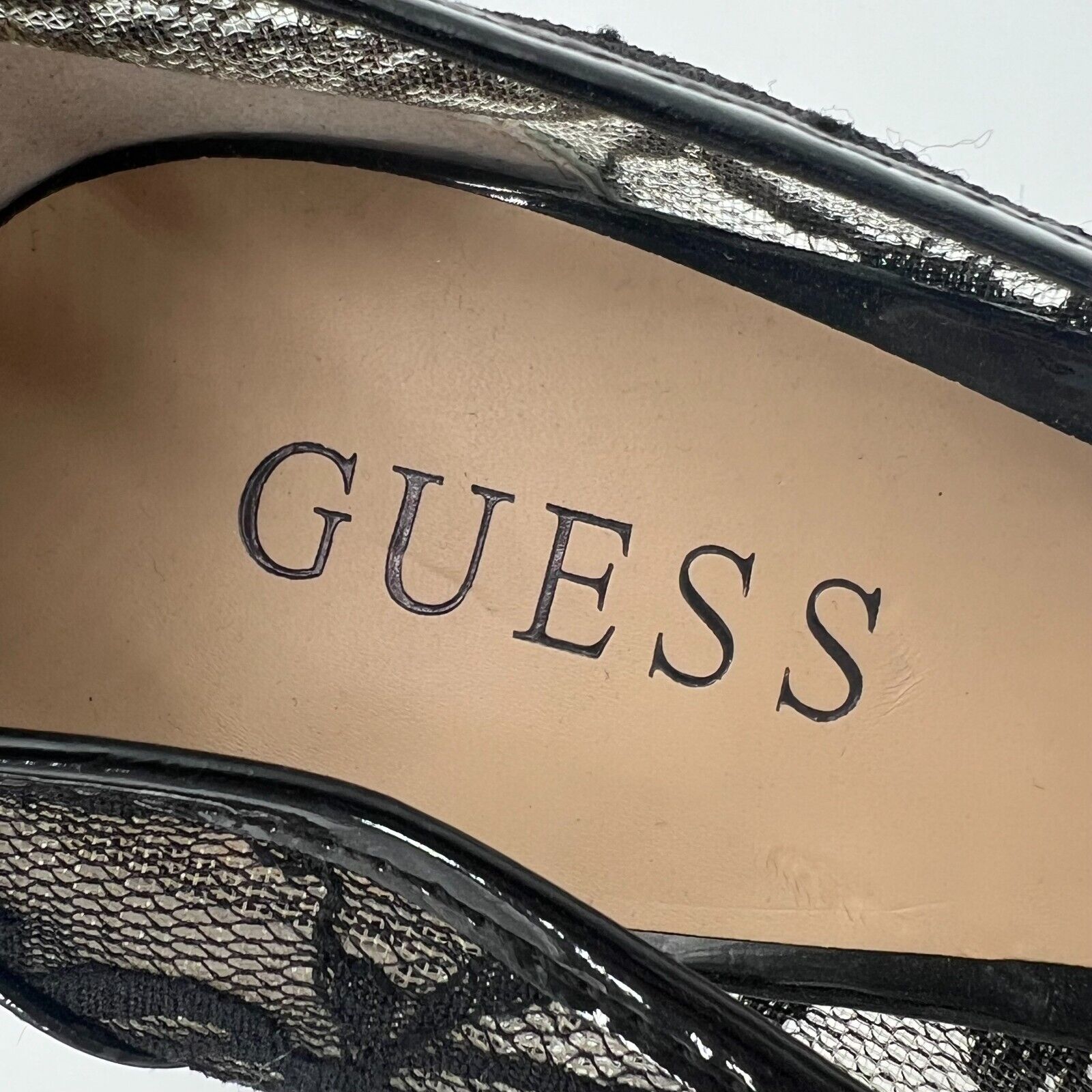 Guess Gaminata Black Lace Faux Patent Leather Peep Toe Platform Stiletto Sz  7.5