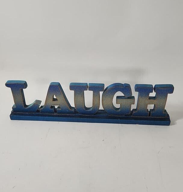 "LAUGH" Wooden Home Decor Sign, Blue with Glitter 21.5"x5.5"