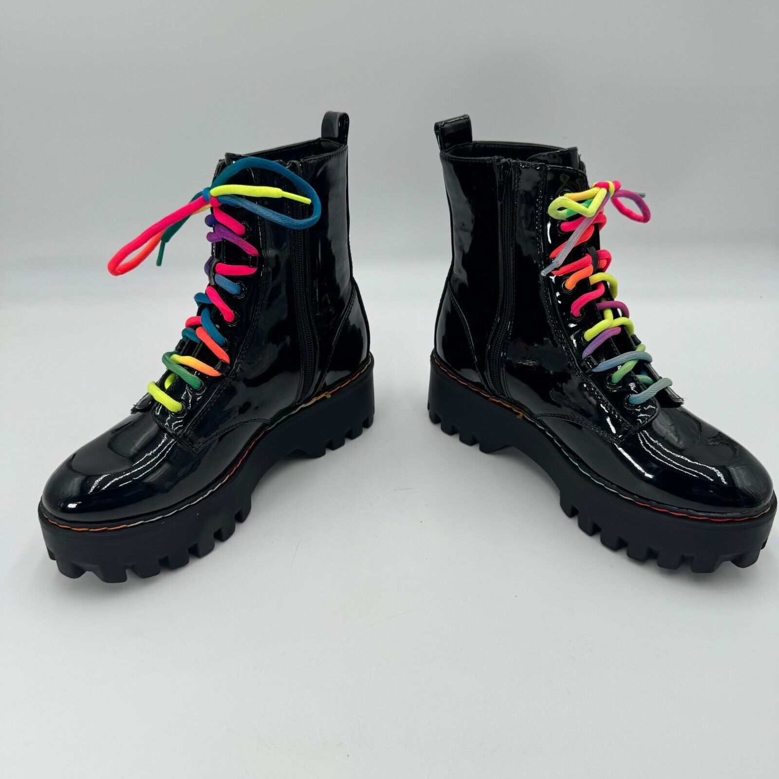 Bamboo Platform Combat Boots Glossy Black Leather Rainbow Women's Size 10 US