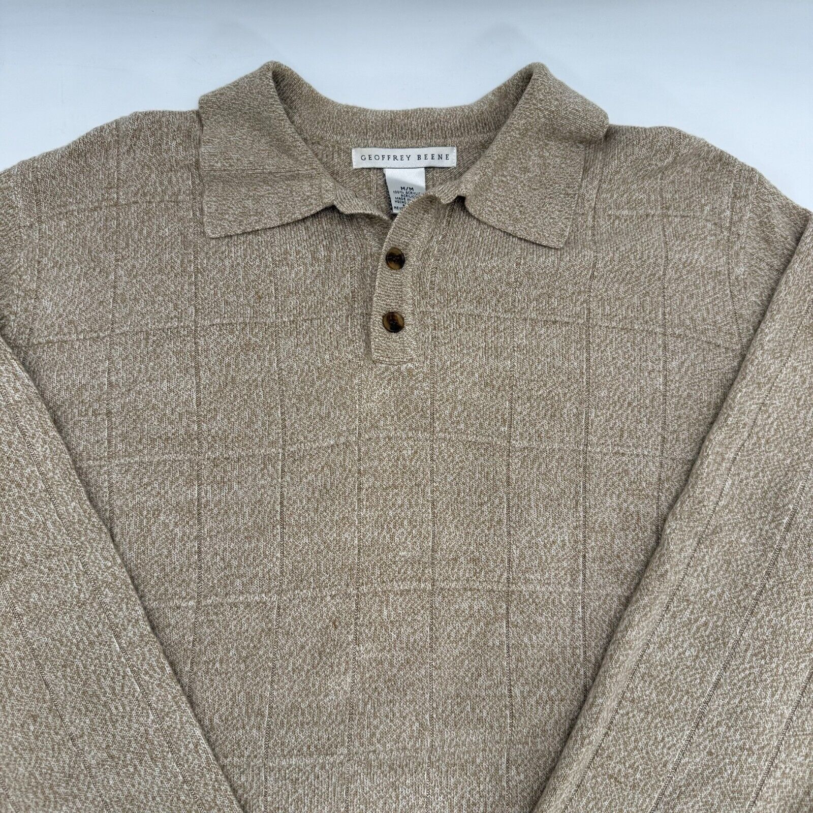 Geoffrey Beene Mens Quater Button Collared Pullover Sweater Tan Beige Size M