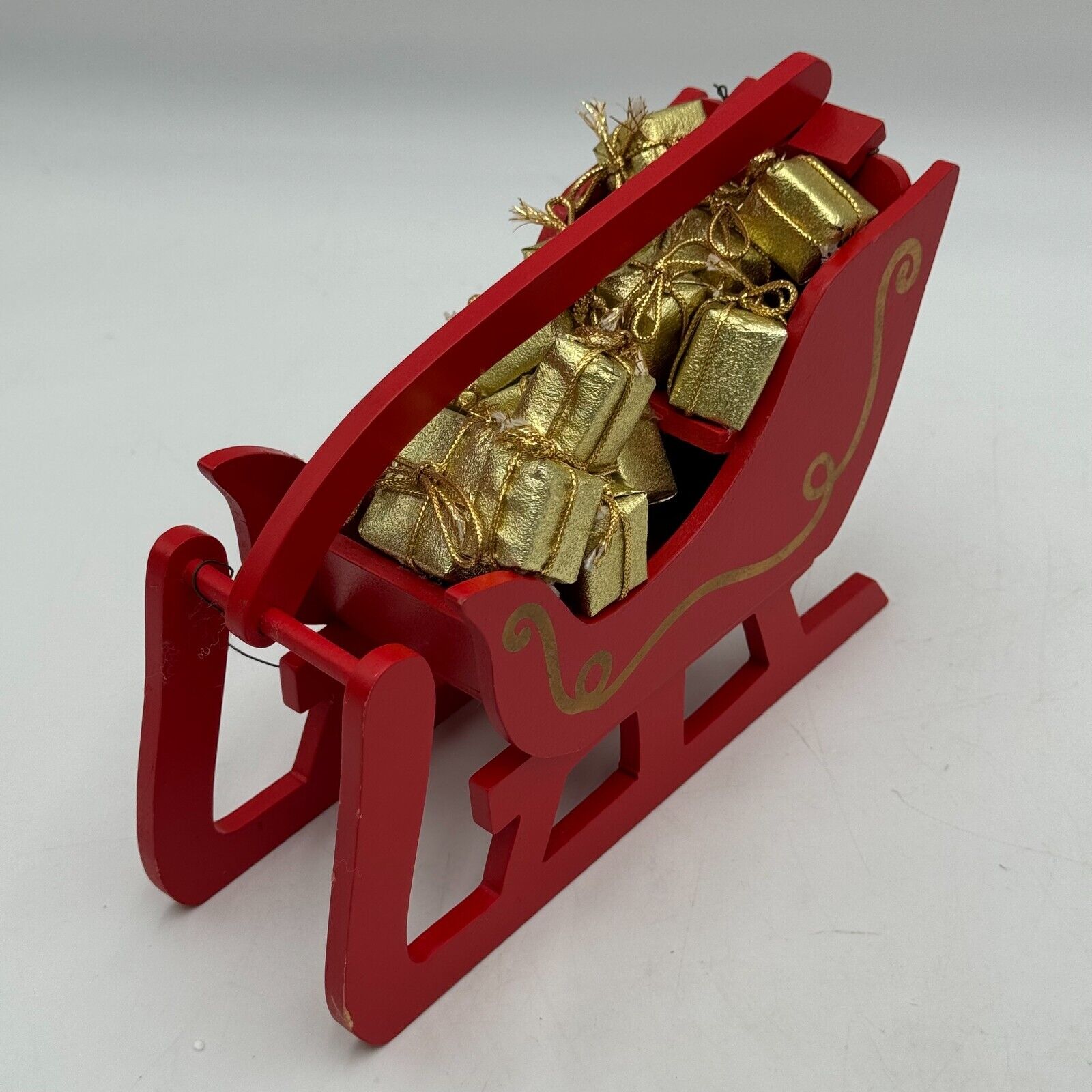 Pair of Matching 8in Wooden Sleighs Red Sleds Red Gold Christmas Presents Decor