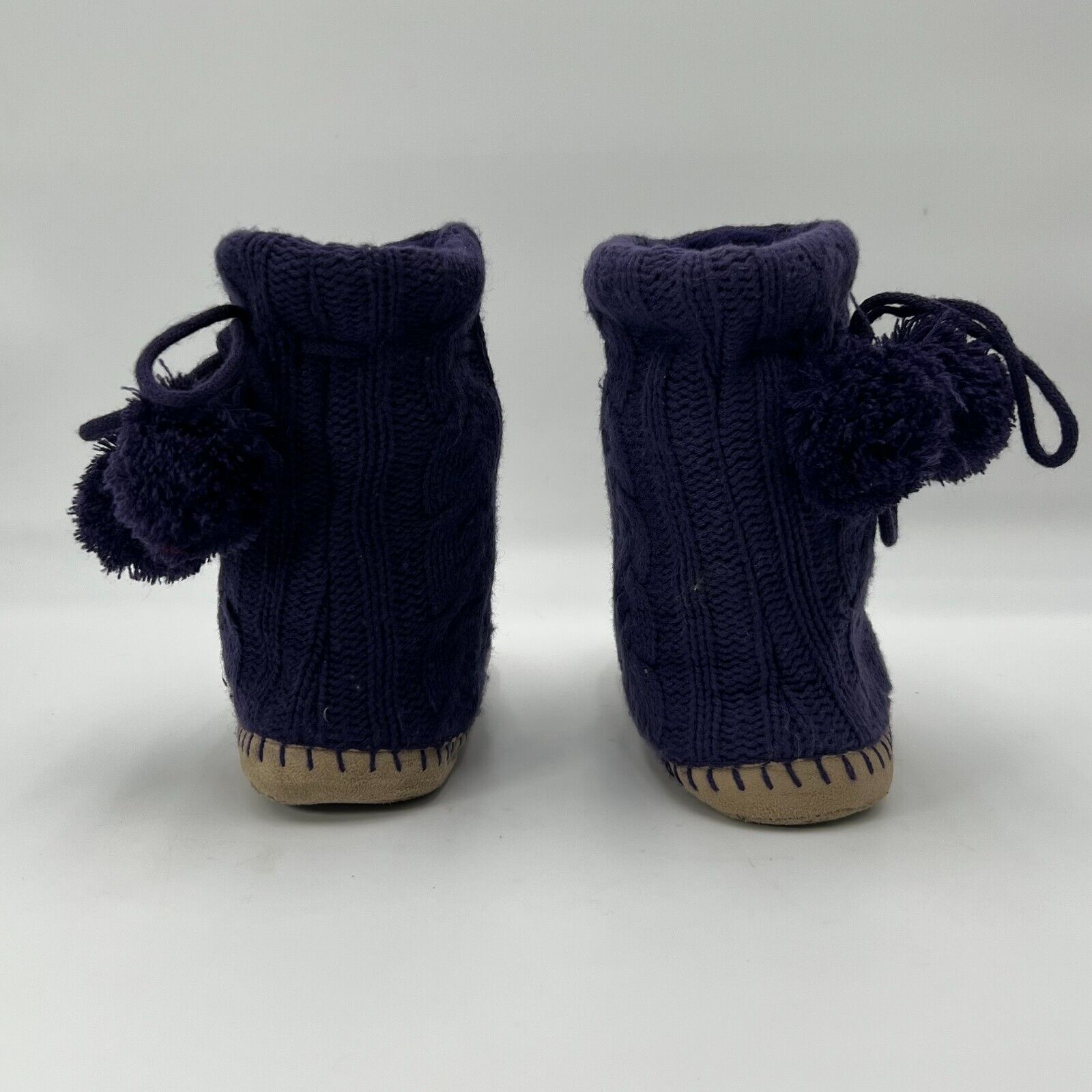 American Eagle Knit Slipper Boots Draw String Purple Puff Ball Womens Size 9-10