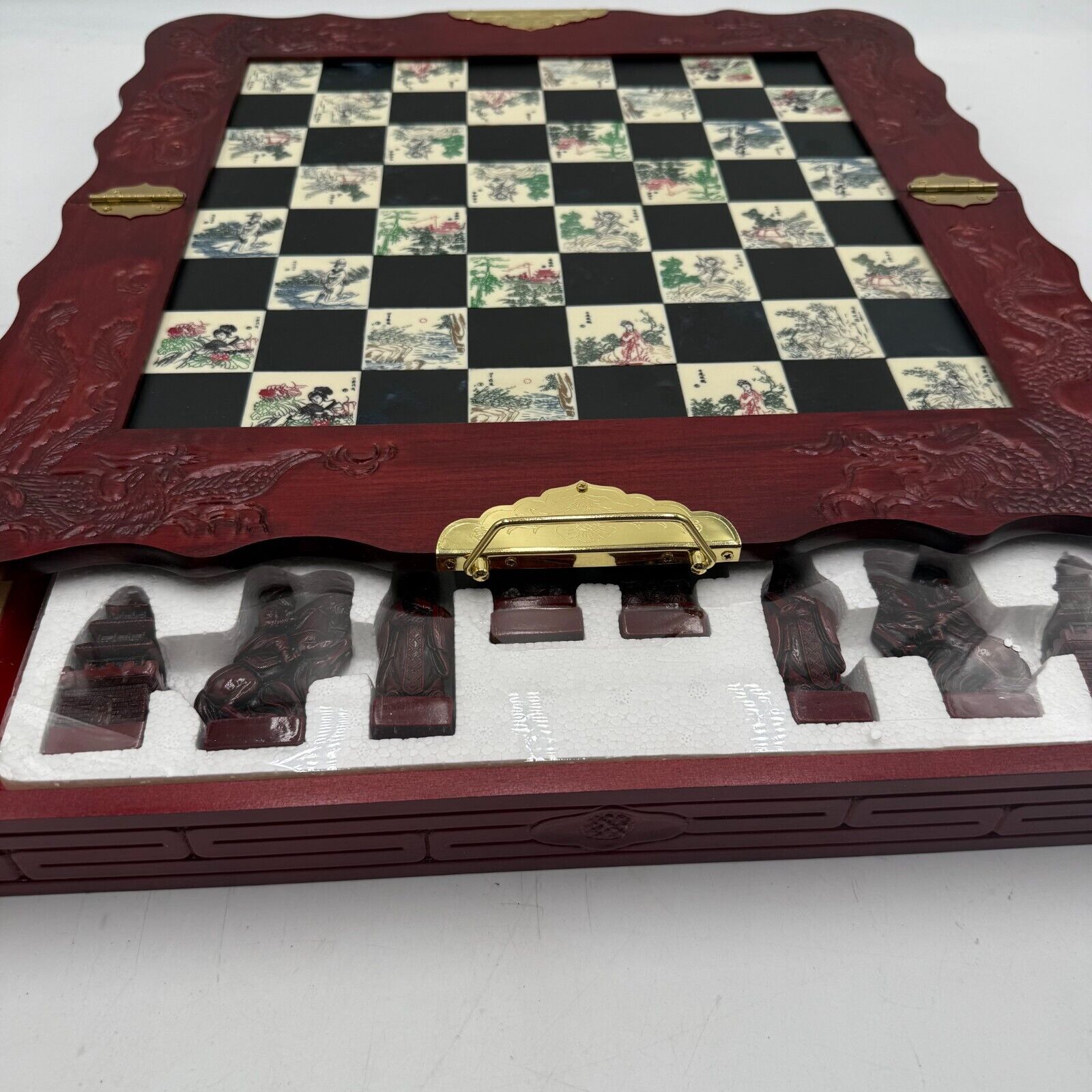 Asian Emperor’s Court Chess Set Fold Board Drawers Carved Jade & Mahogany Pieces