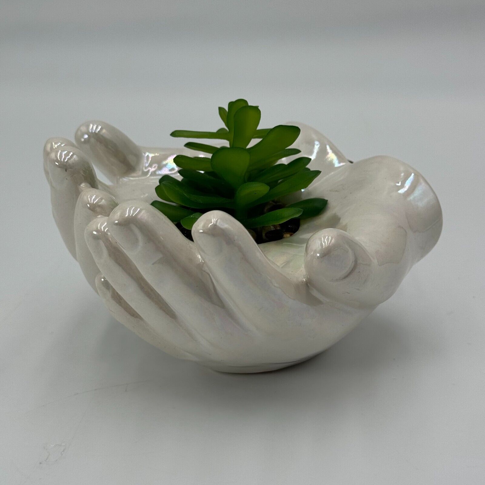 Ceramic Cupped Hands Holding Succulent in Rocks Artificial Fake Plant While Pot