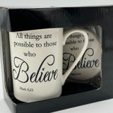 Kent Pottery Mug & Lid NIB Coaster Set Bible Verse Mark 9:23 All Things Possible