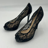 Guess Gaminata Black Lace Faux Patent Leather Peep Toe Platform Stiletto Sz  7.5