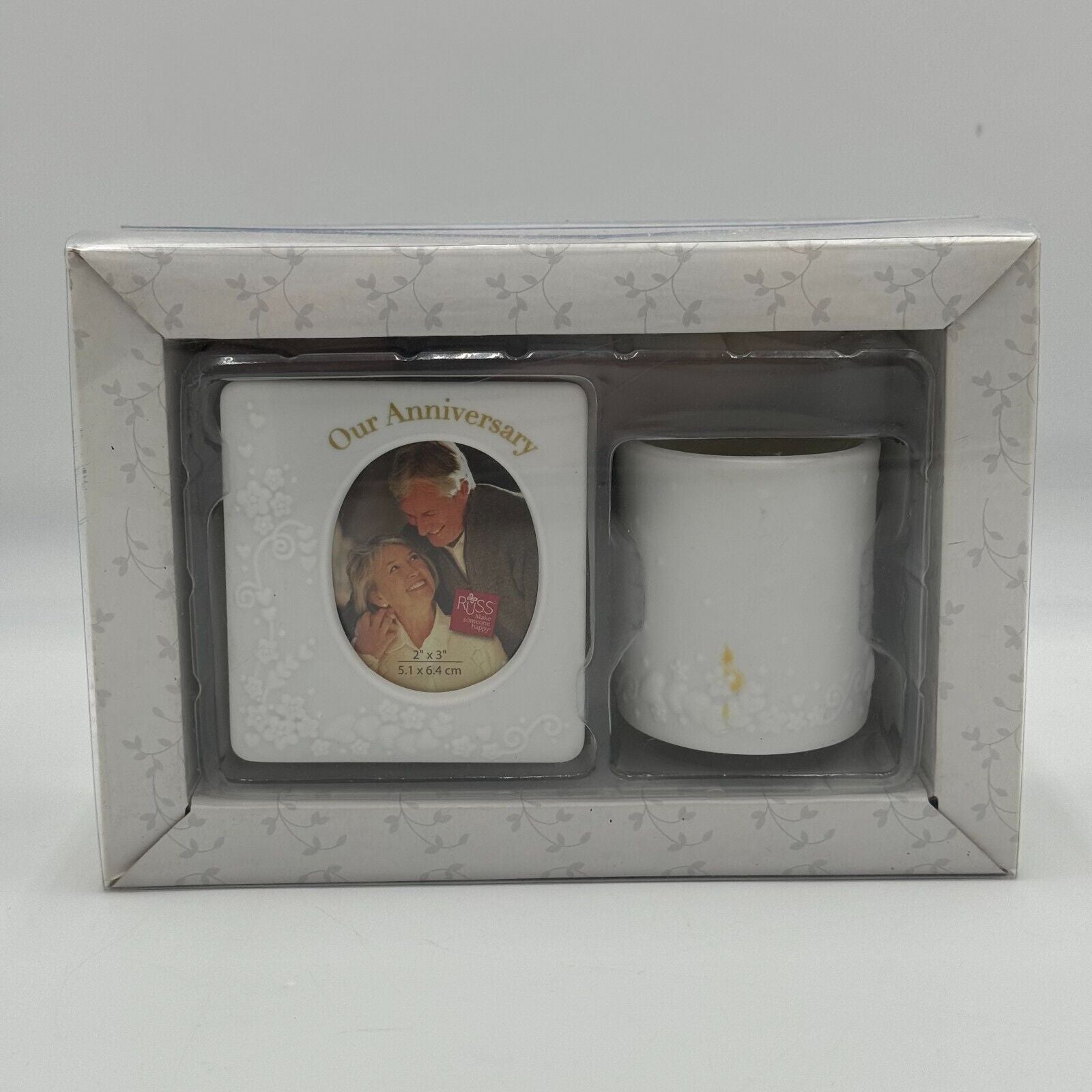 Russ 2 Pack Anniversary Gift Set Matching Floral Pattern Photo Frames & Candles