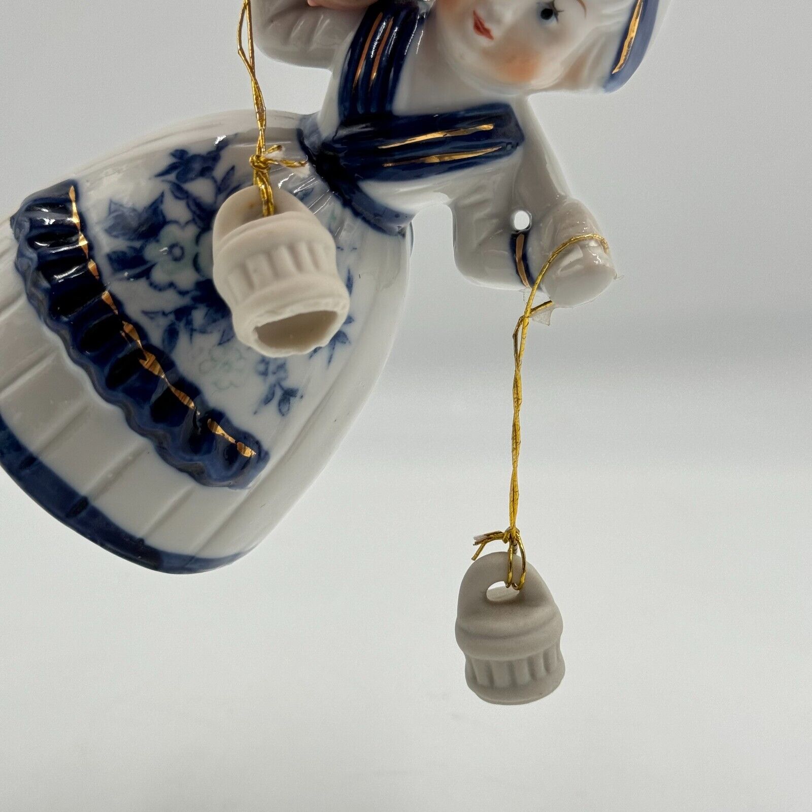 Vintage Dutch Girl Bell Figurine Buckets Figurine Holland Delft Blue Style 5in