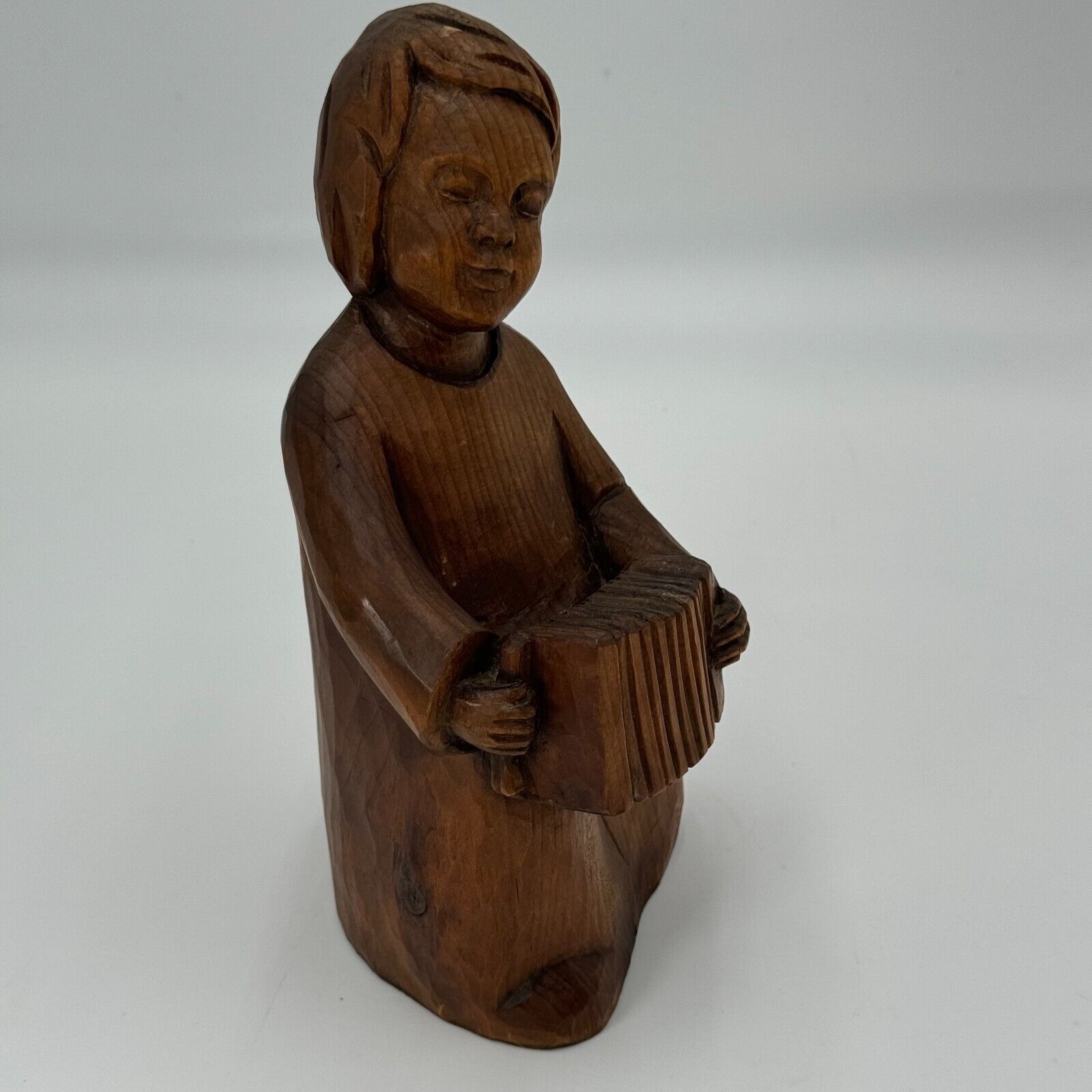 Antique Solid Wood Sculpture Hand Carved Statue Art Boy Playing Accordion Artist