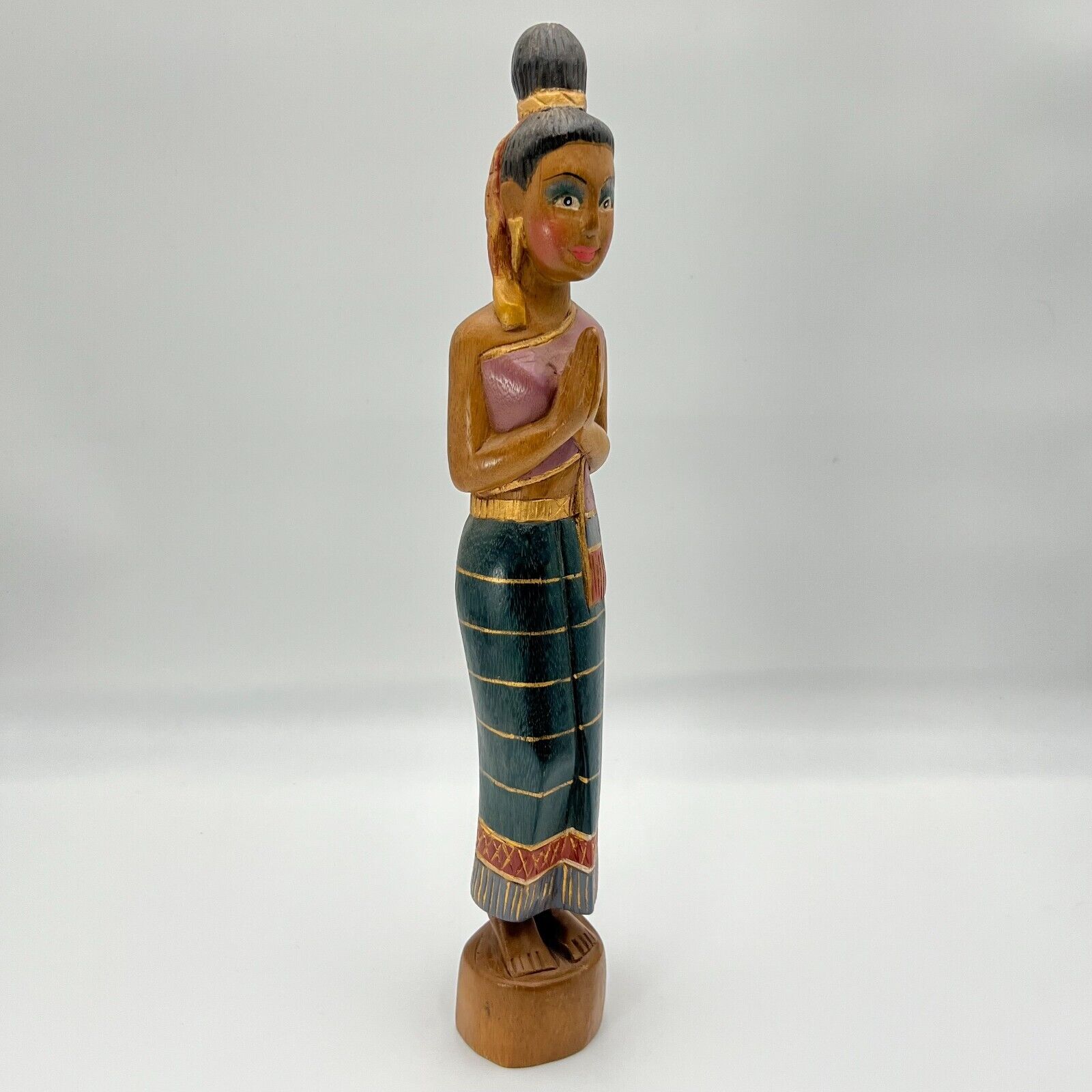 Hand Carved Painted Thailand Wood Woman Praying Vintage Dress 20” Figurine