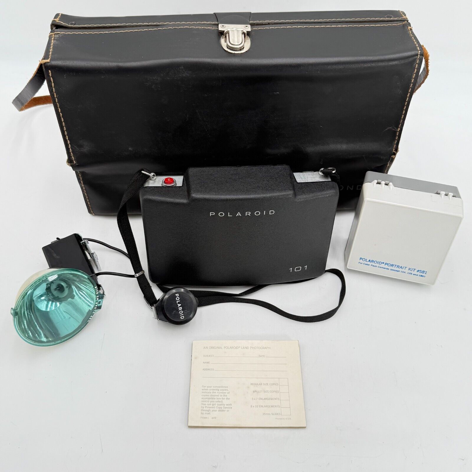 Poloroid 101 Land Camera Set Leather Case Portrait Kit Snap On Flash Original